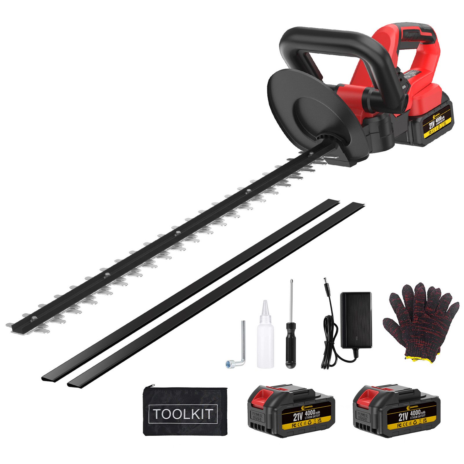 CONENTOOL Akku-Heckenschere 21V mit 2×4,0Ah Akku, 56cm Schnittlänge, (Set, 15mm Schnittstärke), 1000W Kupfermotor, Rostfreie Klinge, Elektrische Heckenschere