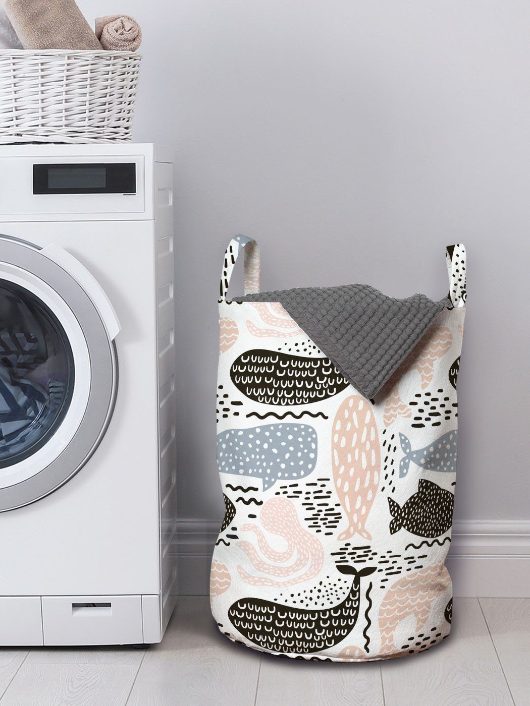 für Wäschesäckchen Waschsalons, Wassertier-Silhouette mit Wäschekorb Griffen Kordelzugverschluss Abakuhaus Wal