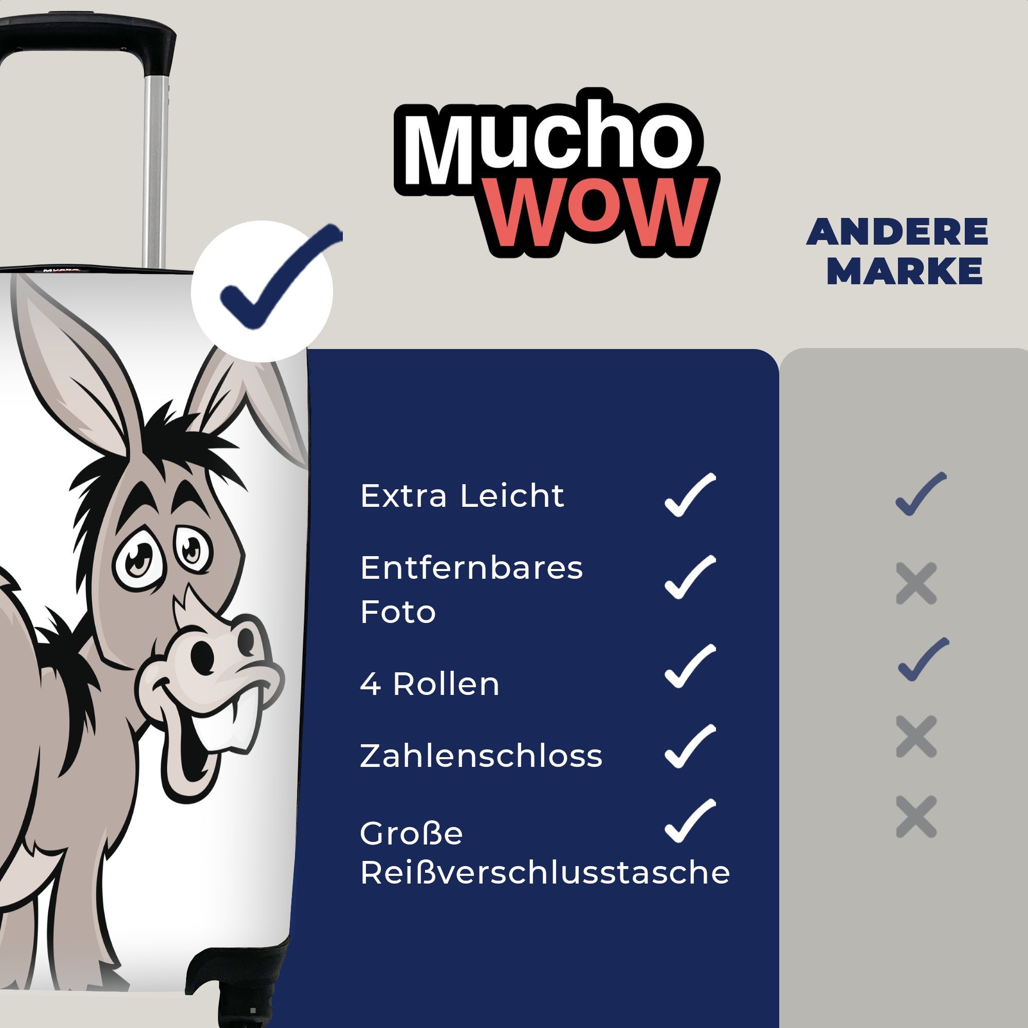 MuchoWow Handgepäckkoffer Cartoon-Illustration eines rollen, Esels, Handgepäck Reisetasche für 4 mit Reisekoffer Rollen, Trolley, Ferien