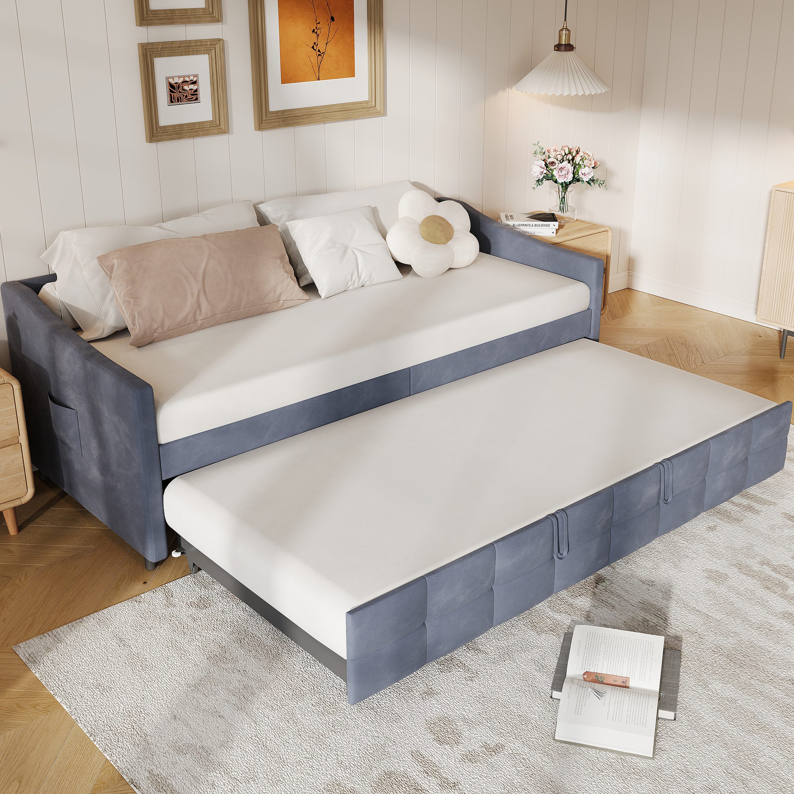 zebery Schlafsofa Polsterbett Daybett Tagesbett Mit Aufbewahrungsbeutel, Set 1 Teile, 90x200 cm,Ausziehbares Bettgestell,Multifunktionsbett,Samtstoff,Grau