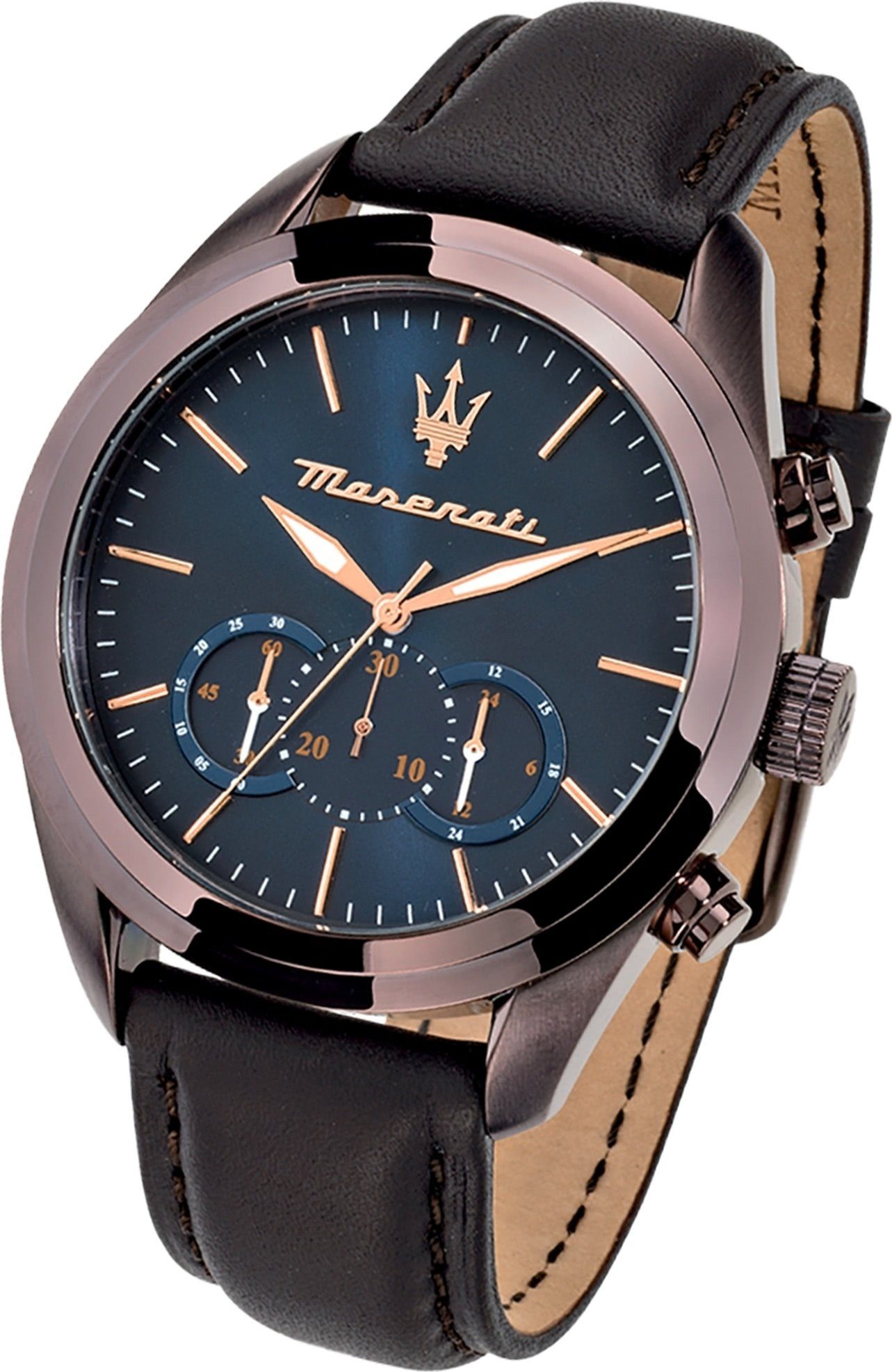 MASERATI Chronograph Maserati Herren Uhr Chronograph, (Chronograph), Herrenuhr rund, groß (ca. 55x45mm) Lederarmband, Made-In Italy