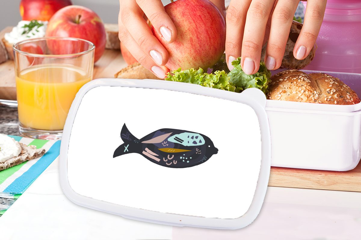 Schwarz Fisch Kinder Brotdose, - Brotbox und Jungs MuchoWow (2-tlg), für - und Lunchbox Mädchen Erwachsene, Kunststoff, für Pastell, weiß