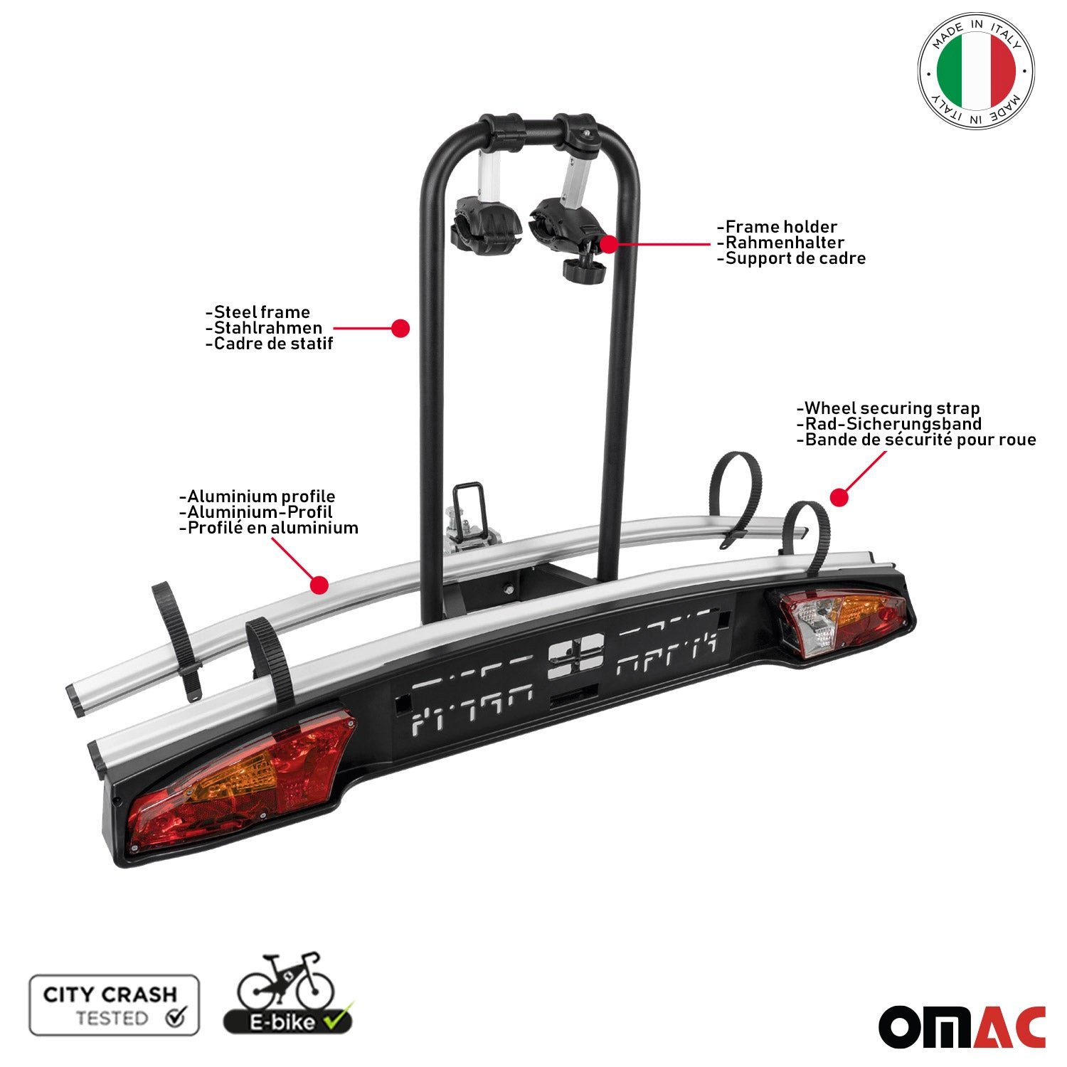 OMAC Fahrrad-Deichselträger Fahrradträger Anhängerkupplung E Bike 2 Fahrräder, Abnehmbar, Faltbar