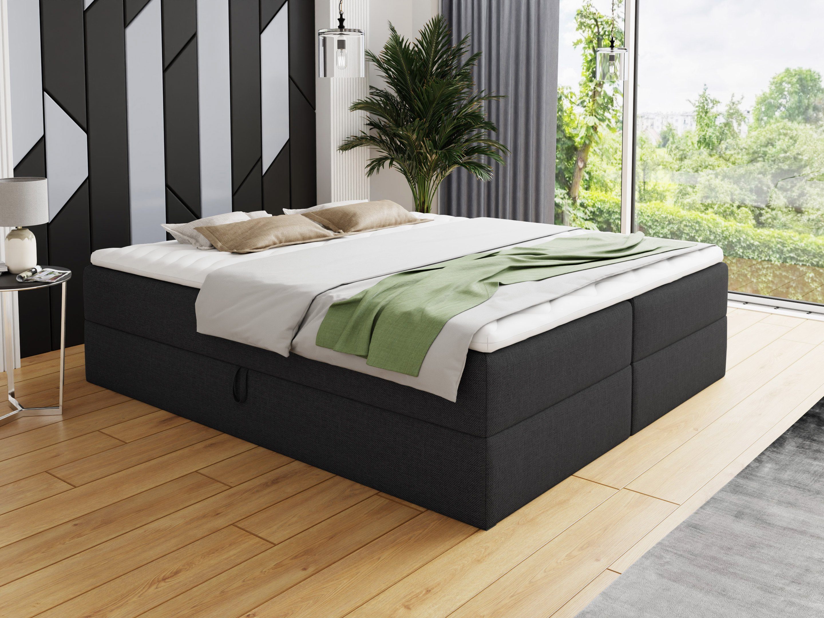 Sofnet Boxbett Base (mit zwei Bettkästen, Bonell-Matratze und Topper), Doppelbett, Polsterbett, Freistehendes Bett, Boxspringbett