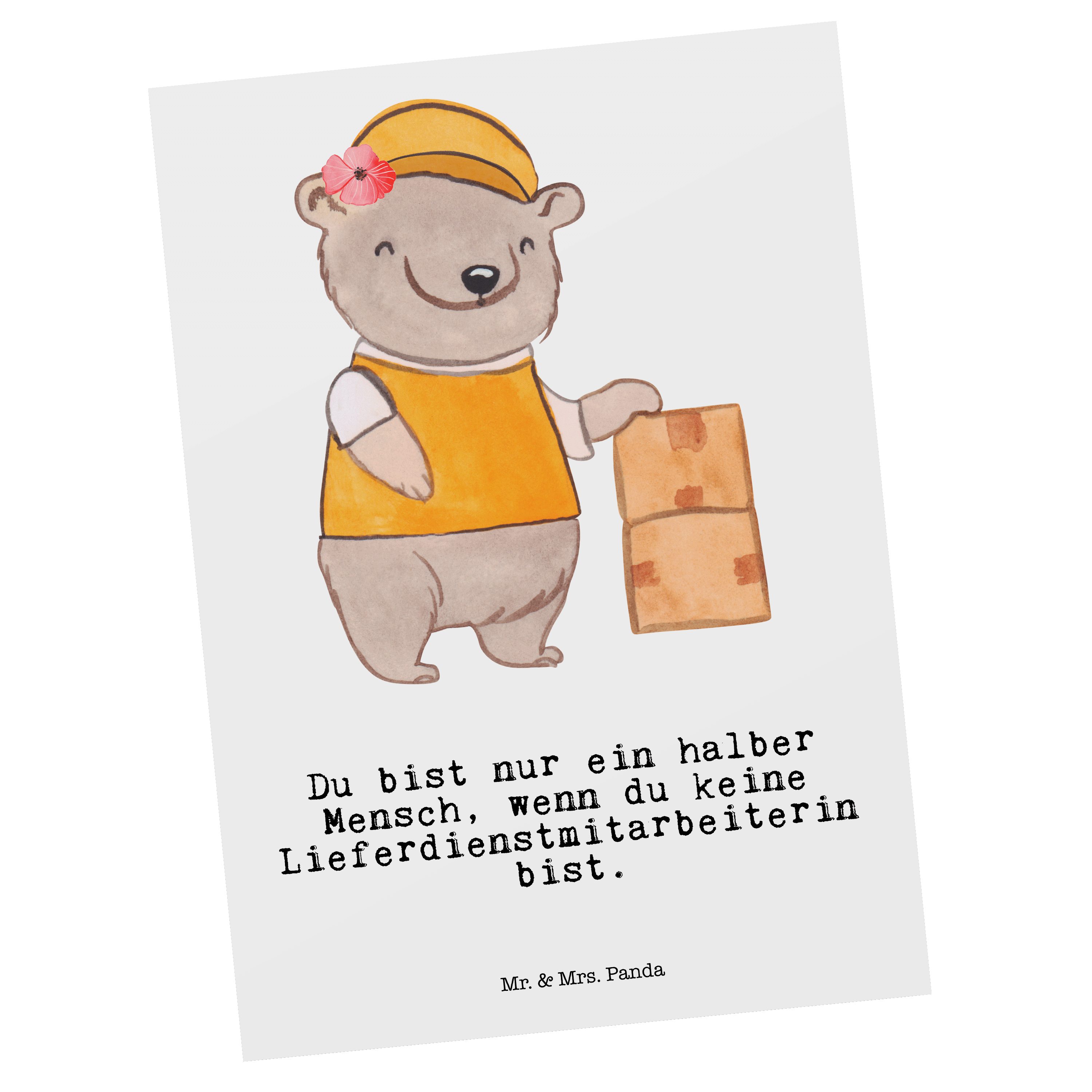 Mr. & Mrs. Panda Postkarte Lieferdienstmitarbeiterin mit Herz - Weiß - Geschenk, Abschied, Schen