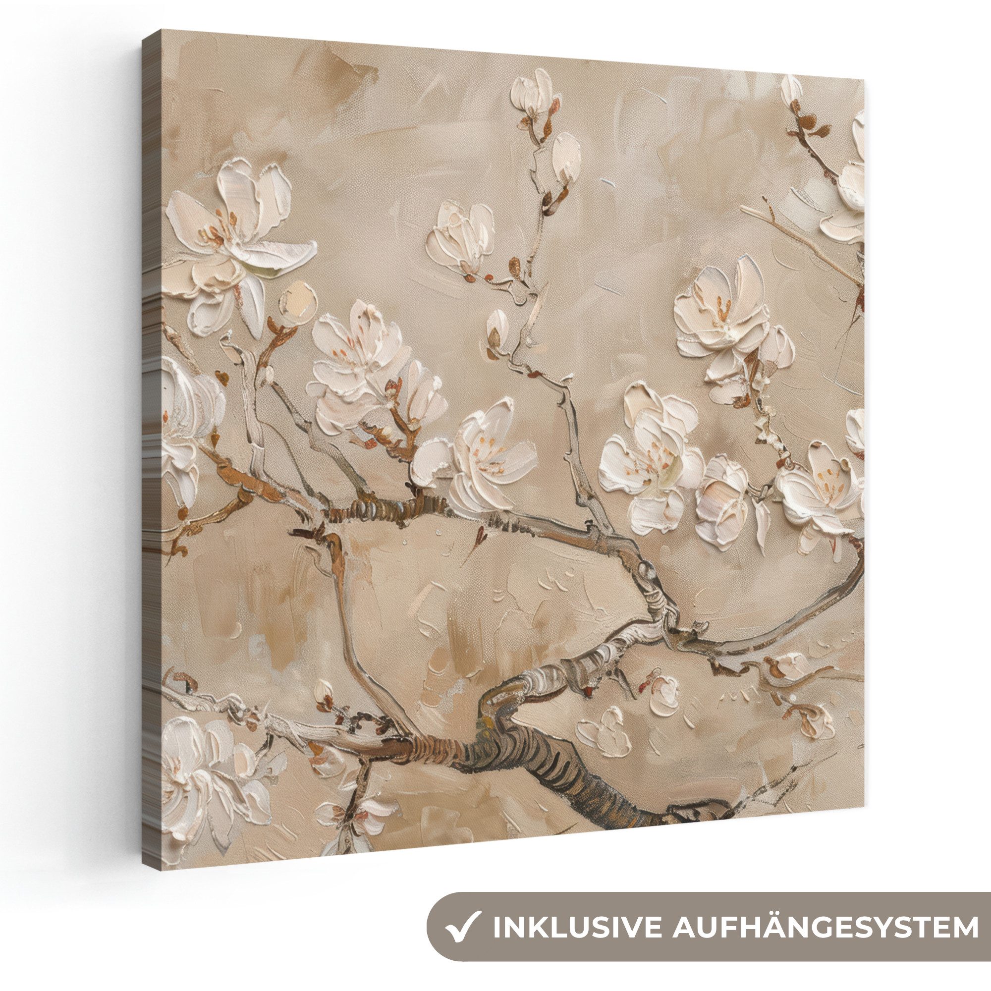 OneMillionCanvasses® Leinwandbild Blumen - Modern - Beige - Weiß - Blüte, Fotodruck (1 St), Wandbild, Deko Schlafzimmer Wohnzimmer Flur 20x20 cm