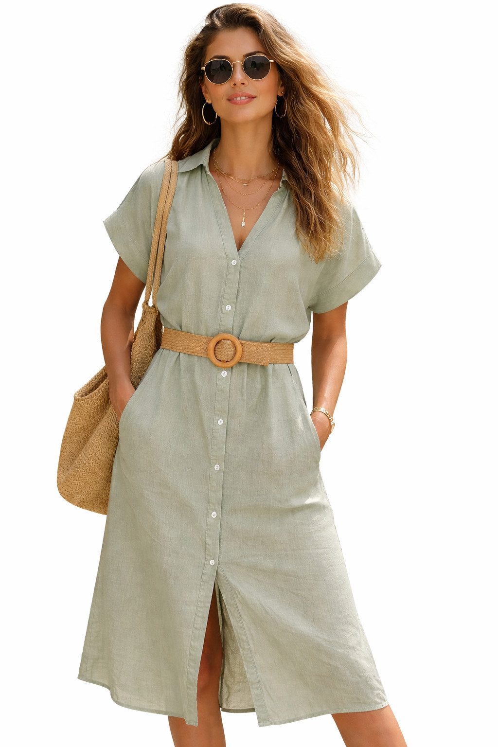 Eight2Nine Sommerkleid Leinenkleid Damen atmungsaktiv V-Ausschnitt Hemdblusen Kleid Sommer