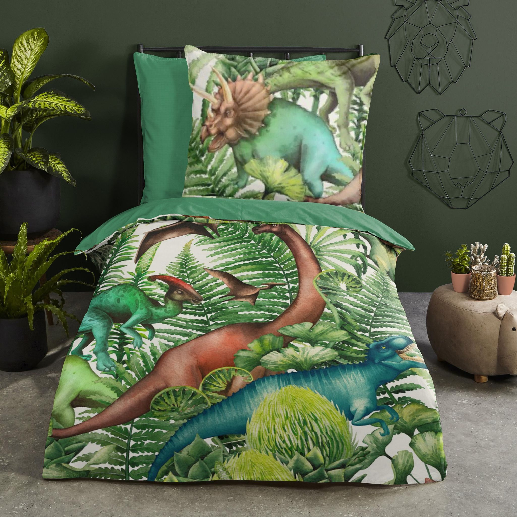 JACK Kinderbettwäsche 135x200cm Dinosaurier Landschaft Urwald, Renforcé, 2 günstig online kaufen