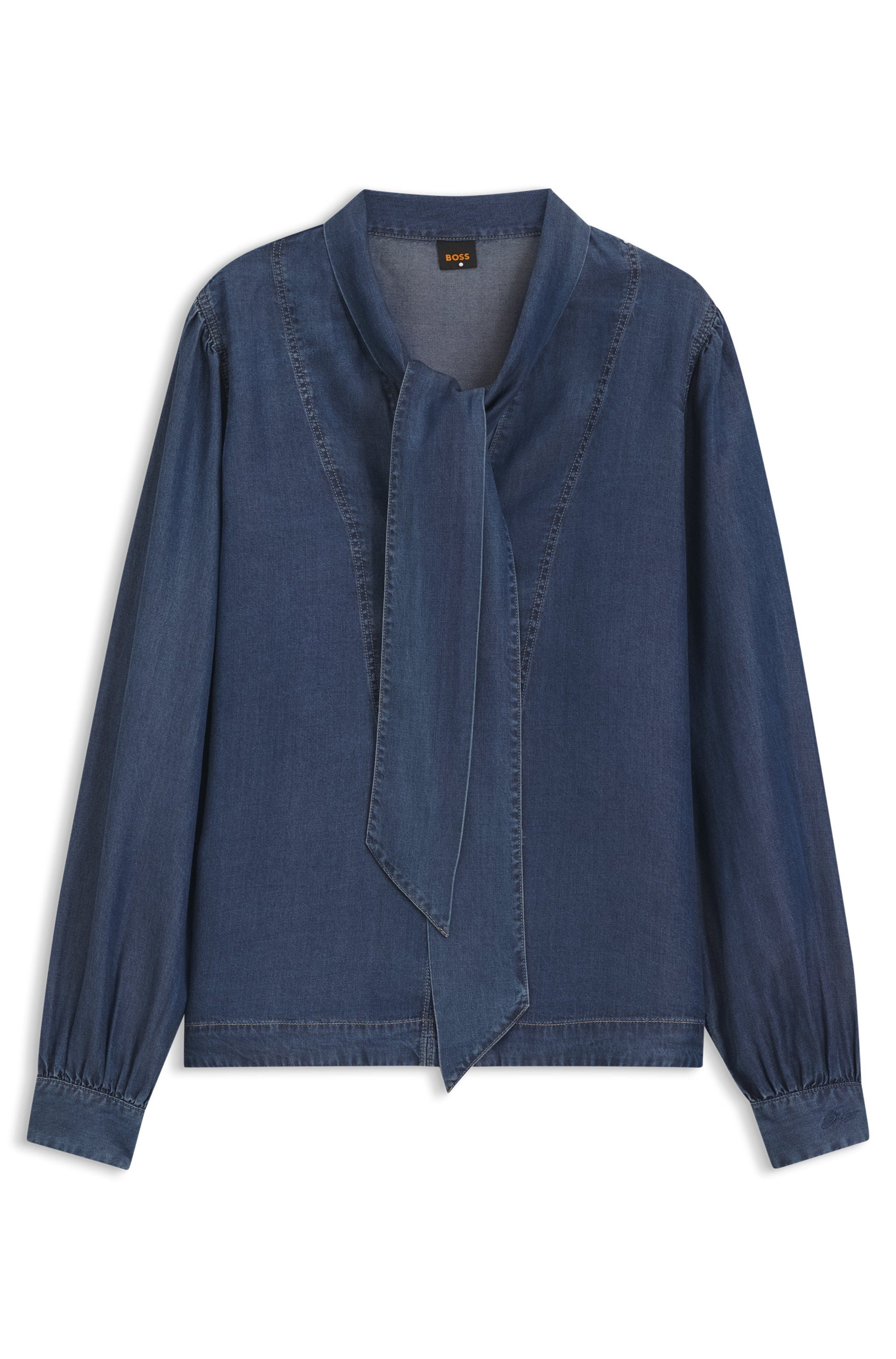 BOSS ORANGE Langarmbluse Betilla Premium Damenmode mit Schal-Detail, Denim-Look – Bild 4 von 5