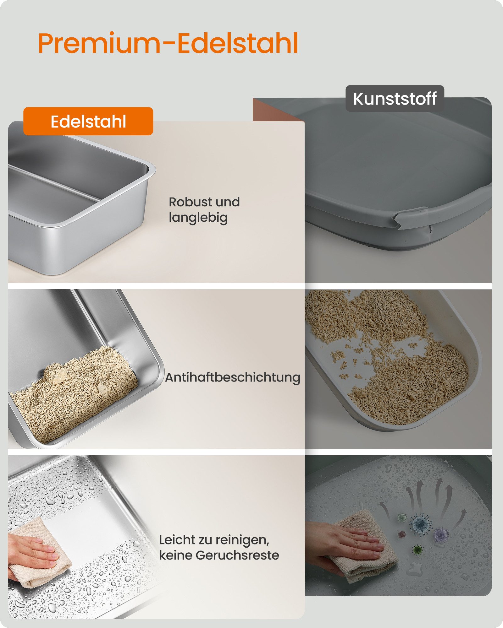 FEANDREA Katzentoilette Katzenklo Edelstahl, mit Schaufel, antihaftbeschichtet, geruchsfrei, S, 40 x 30 x 10 cm, für Kätzchen und kleine Katzen