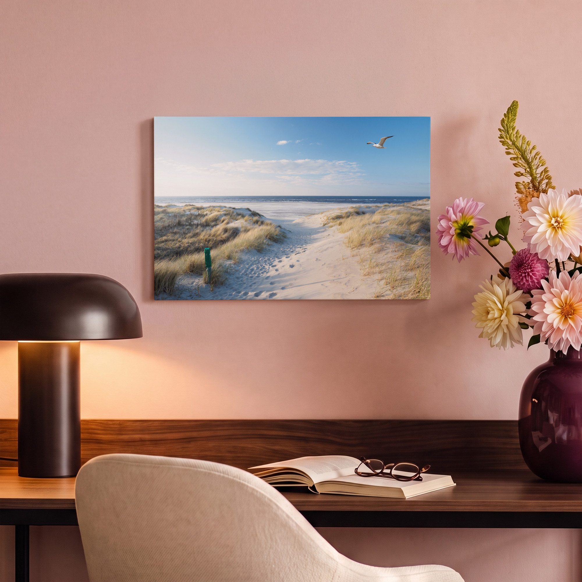 OneMillionCanvasses® Leinwandbild Düne - Möwe - Strand - Meer - Sonne, Fotodruck (1 St), Leinwand Bilder Klein, Wand Dekoration Aesthetic 30x20 cm – Bild 4 von 5