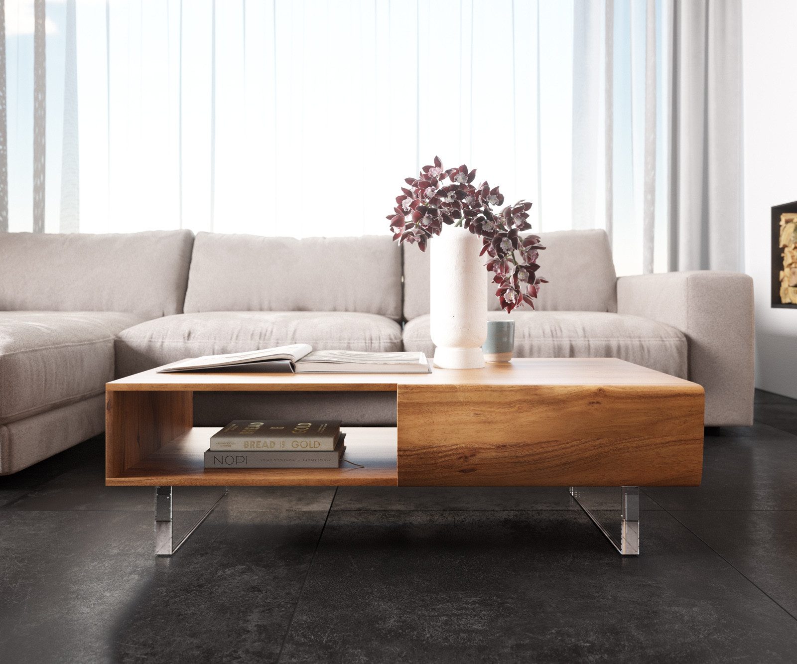 DELIFE Couchtisch New, Live-Edge Akazie Natur 115x60 cm 2 Schubladen 1 Fach Acrylfuß Couchtis