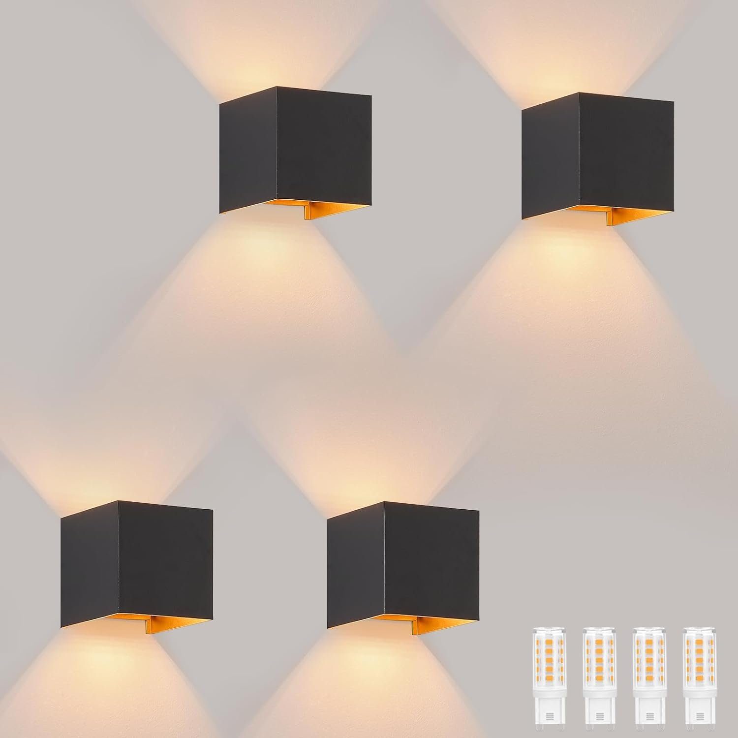 ZMH Wandleuchte 4ER LED Wandlampe - Aussenlampe Innen Außenleuchte Wand G9, LED fest integriert, 3000k, 3W Warmweiß G9 Einstellbar Strahl für Terrasse, Schwarz-Gold