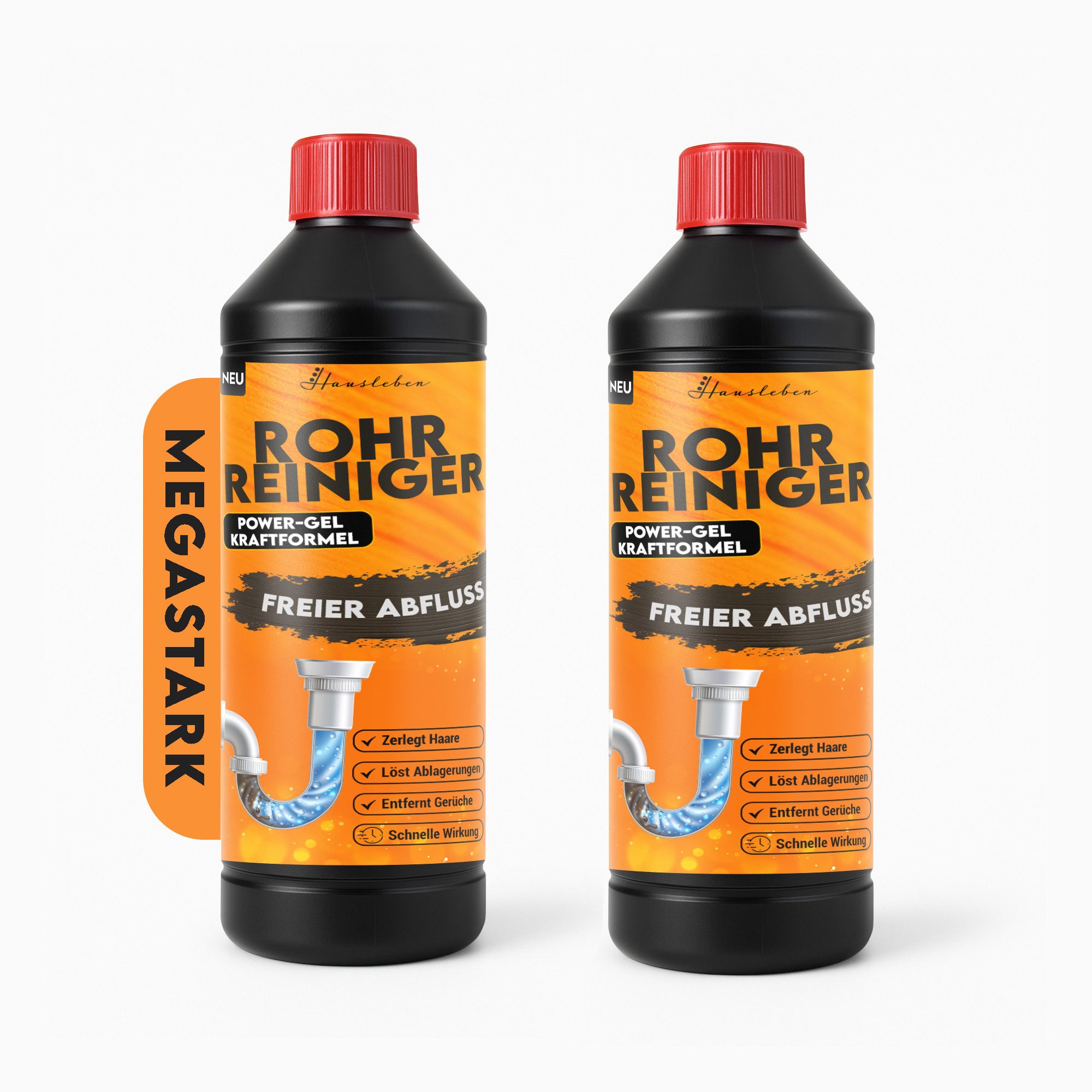 hausleben Abflussreiniger EXTRA STARK-Rohrreiniger Power-Gel gegen Haare Rohrreiniger (Set, [2-St. 2x1000ml Fett & Verstopfungen für Küche, Bad, Dusche und Abflussfrei)