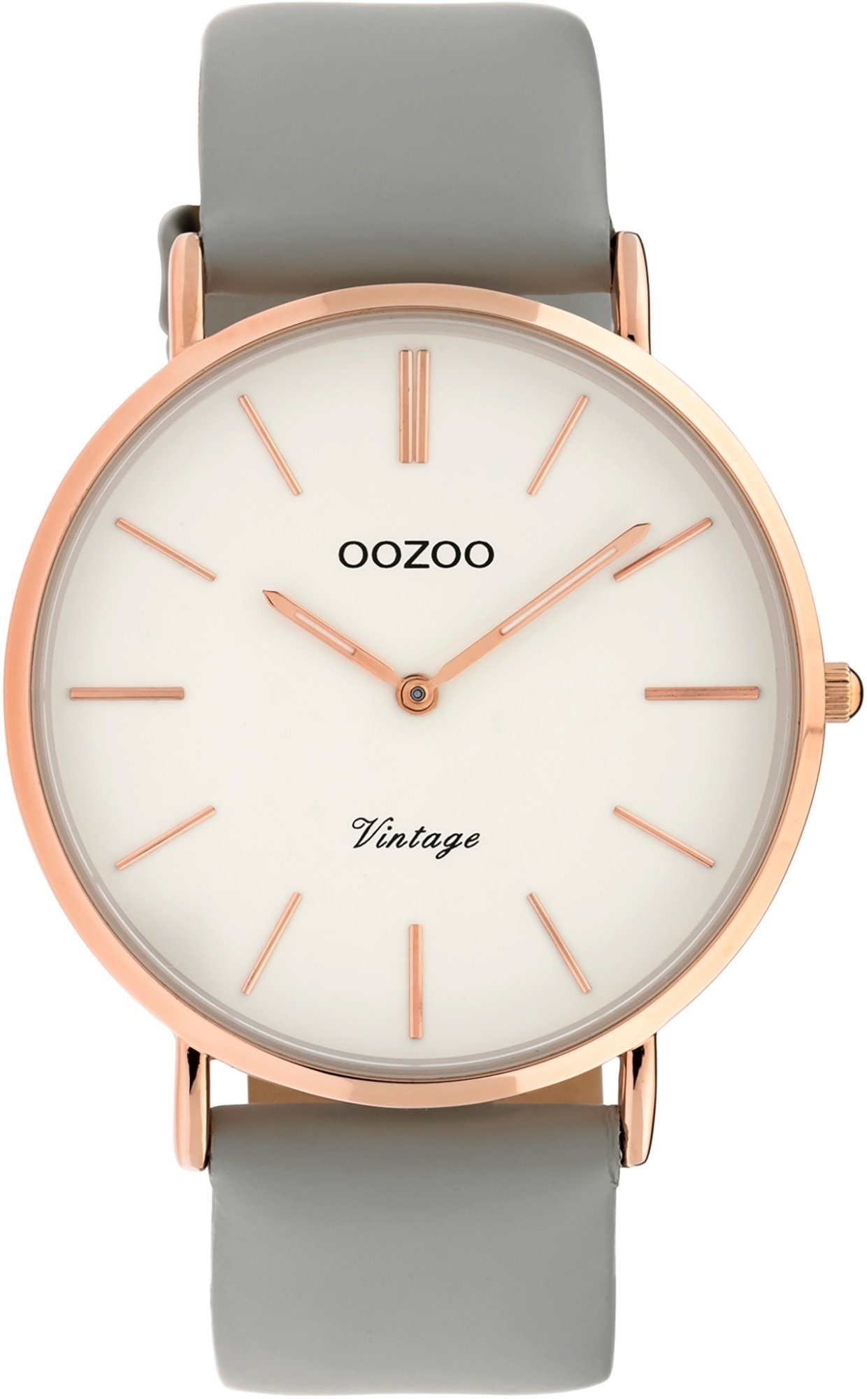 OOZOO Quarzuhr Oozoo Damen Armbanduhr grau Analog, Damenuhr rund, groß (ca. 40mm) Lederarmband, Fashion-Style