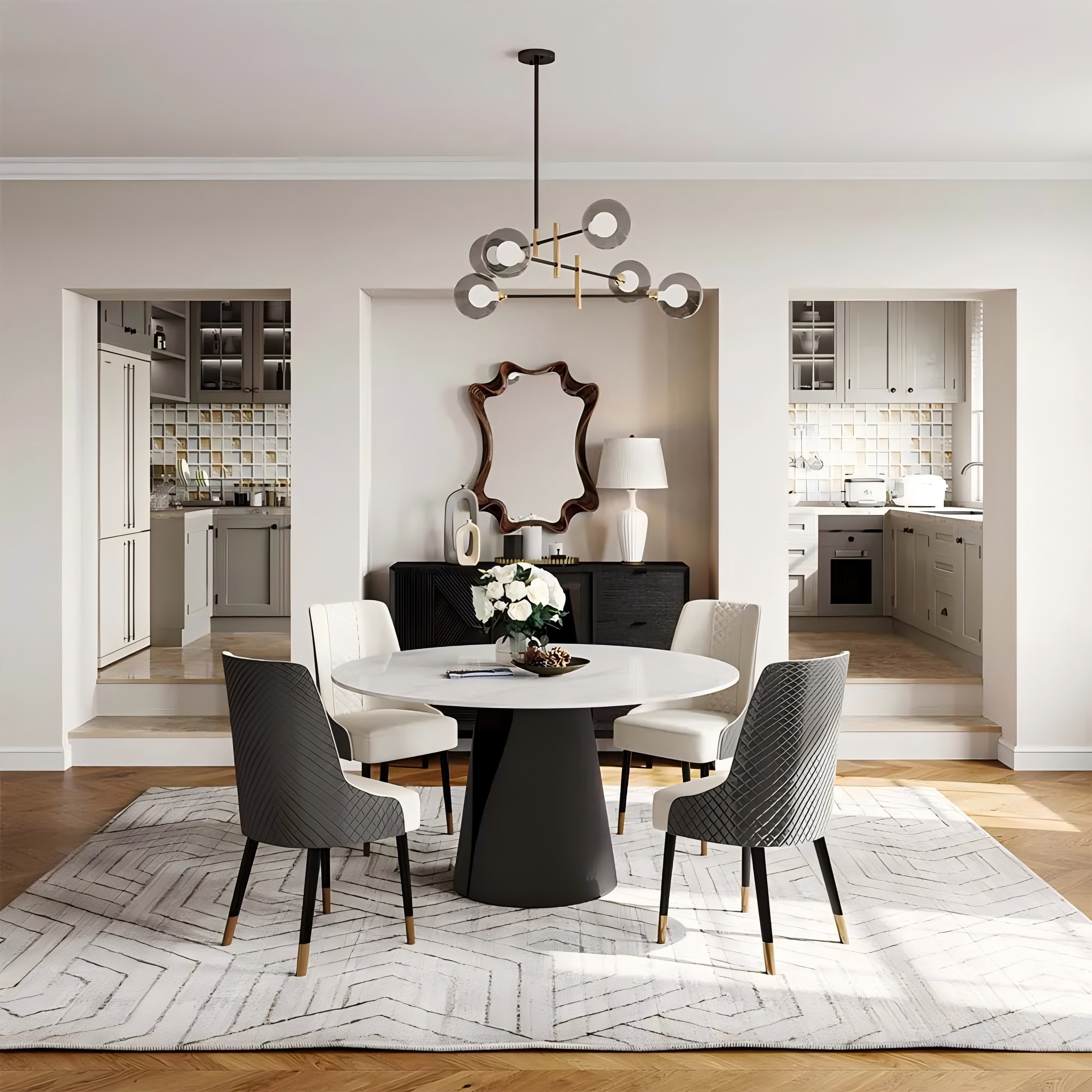 POVISON Esstisch Weiße Hochglanz-Sintersteinplatte mit schwarzem Karbonstahl-Fuß (1-St), Küchentisch, Esszimmertisch für 4 Personen, 120x120x75cm