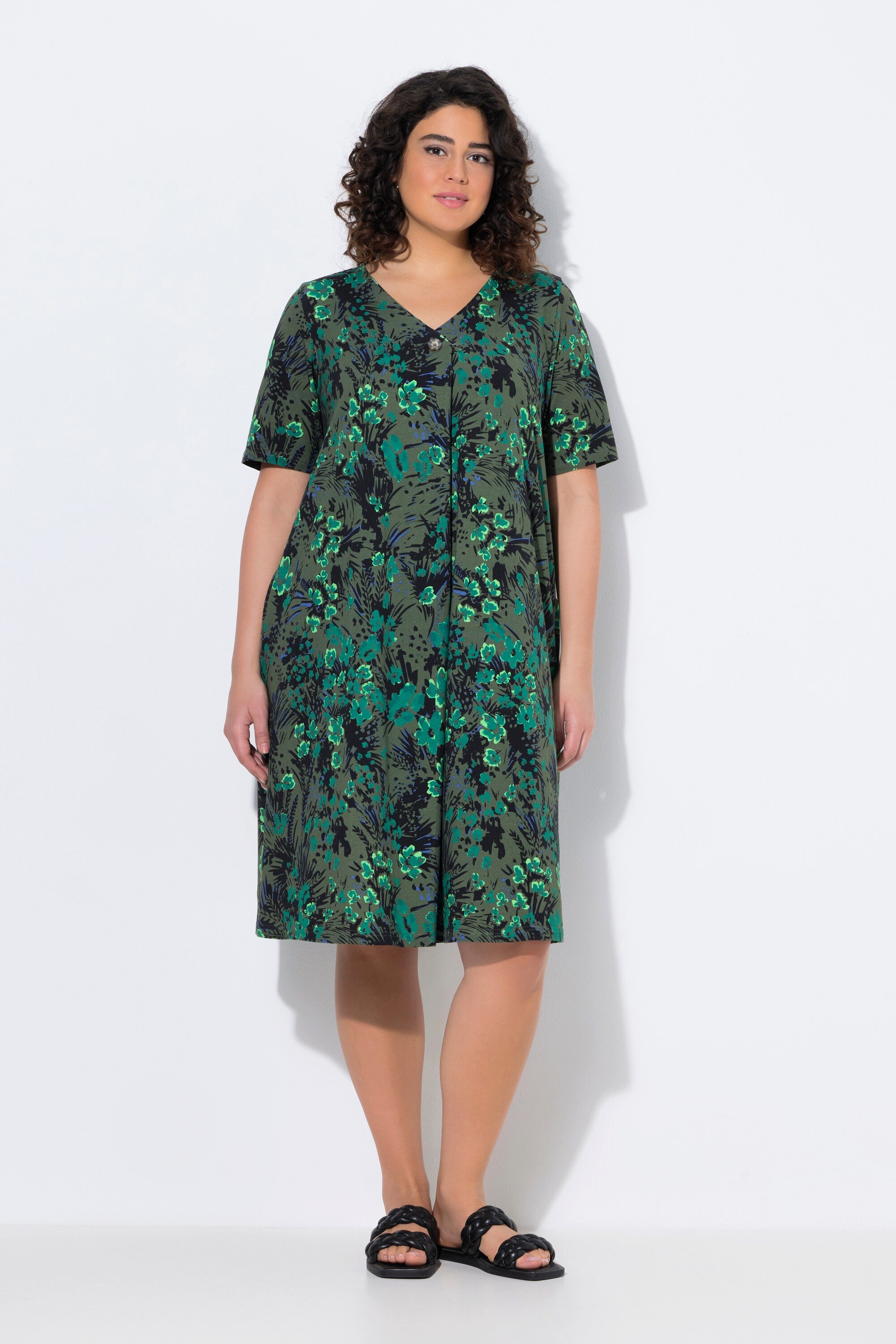Ulla Popken Jerseykleid Jersey-Midikleid A-Linie V-Ausschnitt günstig online kaufen