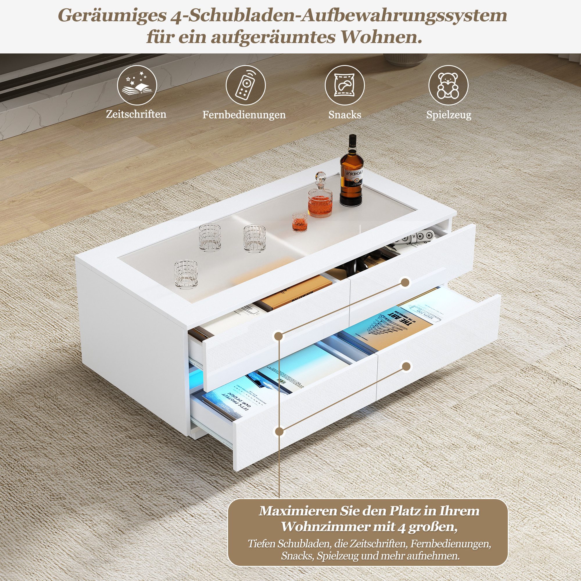 Merax Couchtisch hochglanz Sofatisch Beistelltisch mit LED-Beleuchtung (95x45x35 cm, 1-St), Wohnzimmertisch mit 4 Schubladen, gehärteter Glasplatte & Stauraum – Bild 4 von 5