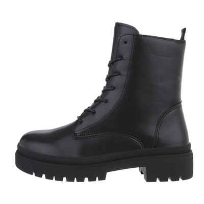 Ital-Design Damen Schnürschuhe Freizeit Schnürstiefelette Blockabsatz Plateaustiefeletten in Schwarz