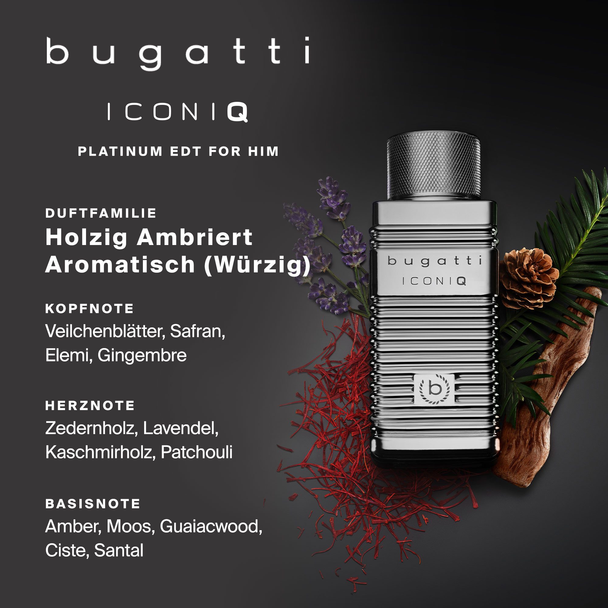 bugatti Eau de Toilette ICONIQ PLATINUM FOR HIM EDT 100ml, holzig, würzig, Safran, Zedernholz, Amber