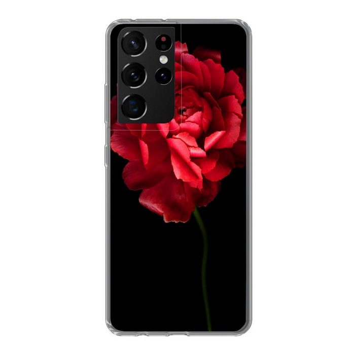 MuchoWow Handyhülle Eine rote Butterblume mit schwarzem Hintergrund Phone Case Handyhülle Samsung Galaxy S21 Ultra Silikon Schutzhülle