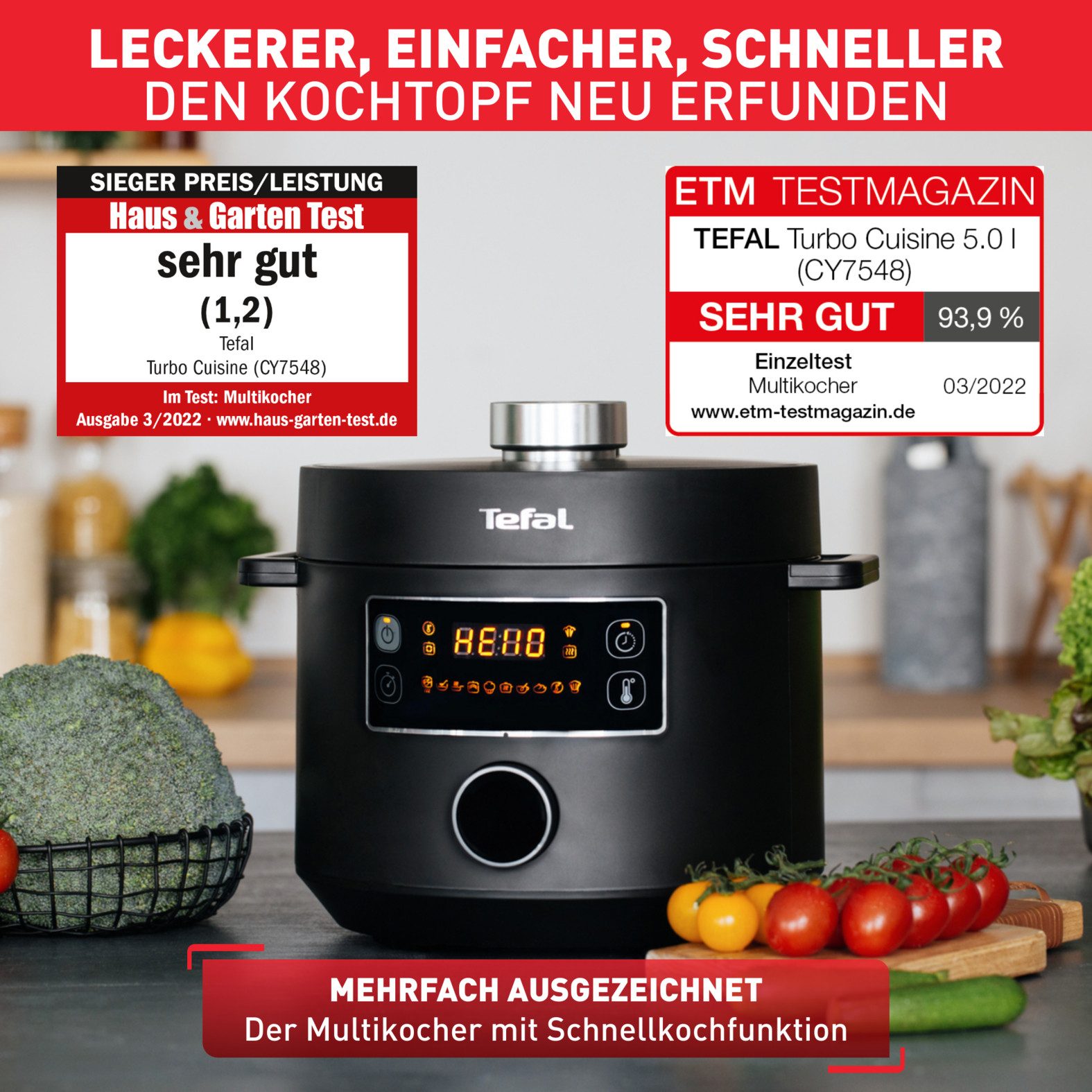 Tefal Multikocher Turbo Cuisine inkl. Dampfgareinsatz, Messbecher, Reislöffel und Kelle, 1000 W, 5 l Schüssel, elektr. Schnellkochtopf, 10 aut. Programme, 1-Knopf-Bedienung, CY7548