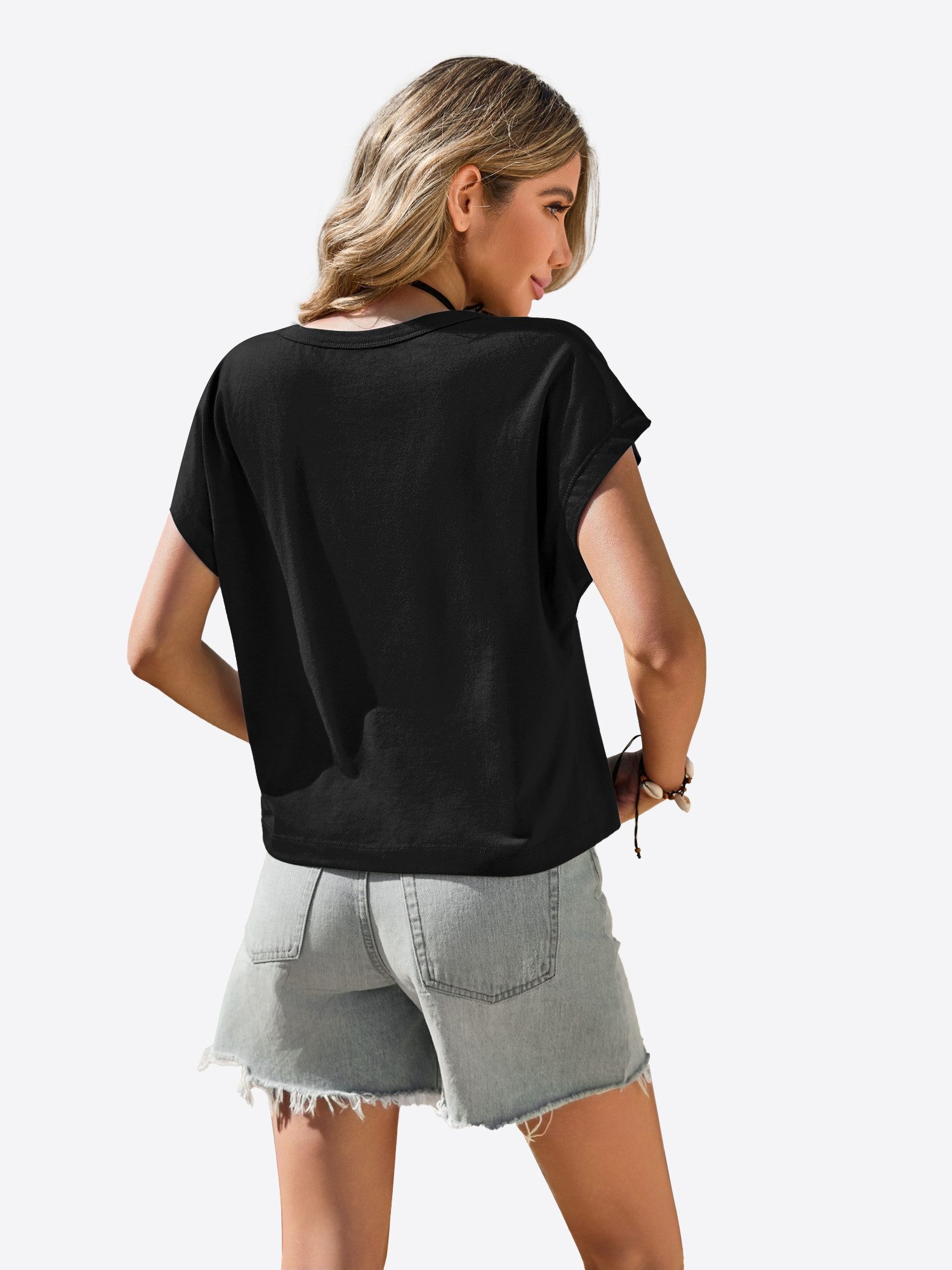 Imily Bela T-Shirt Damen Cropped Tiefer V-Ausschnitt Kurzarm Sommer Casual günstig online kaufen