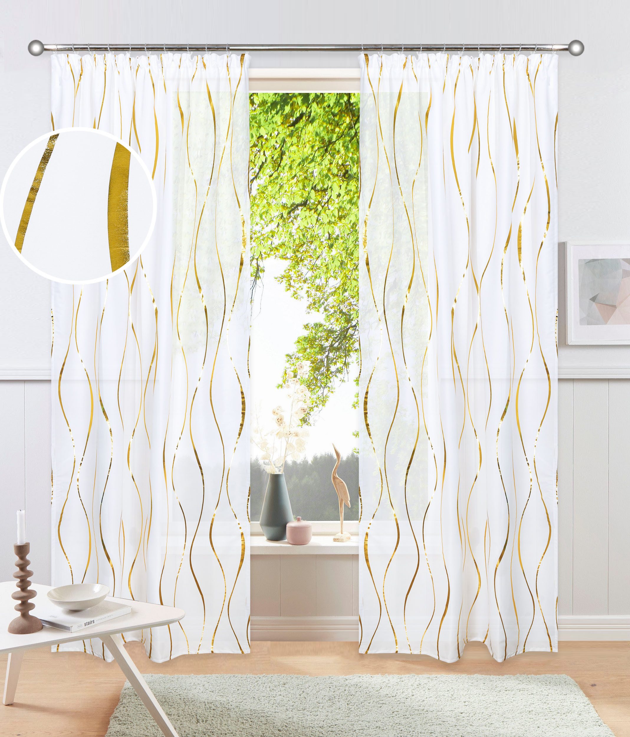 OTTO home Gardine Quinnton (2 St), Kräuselband, halbtransparent, Metallic‑Akzenten, Kräuselband, schöner Stoff, mittelleicht