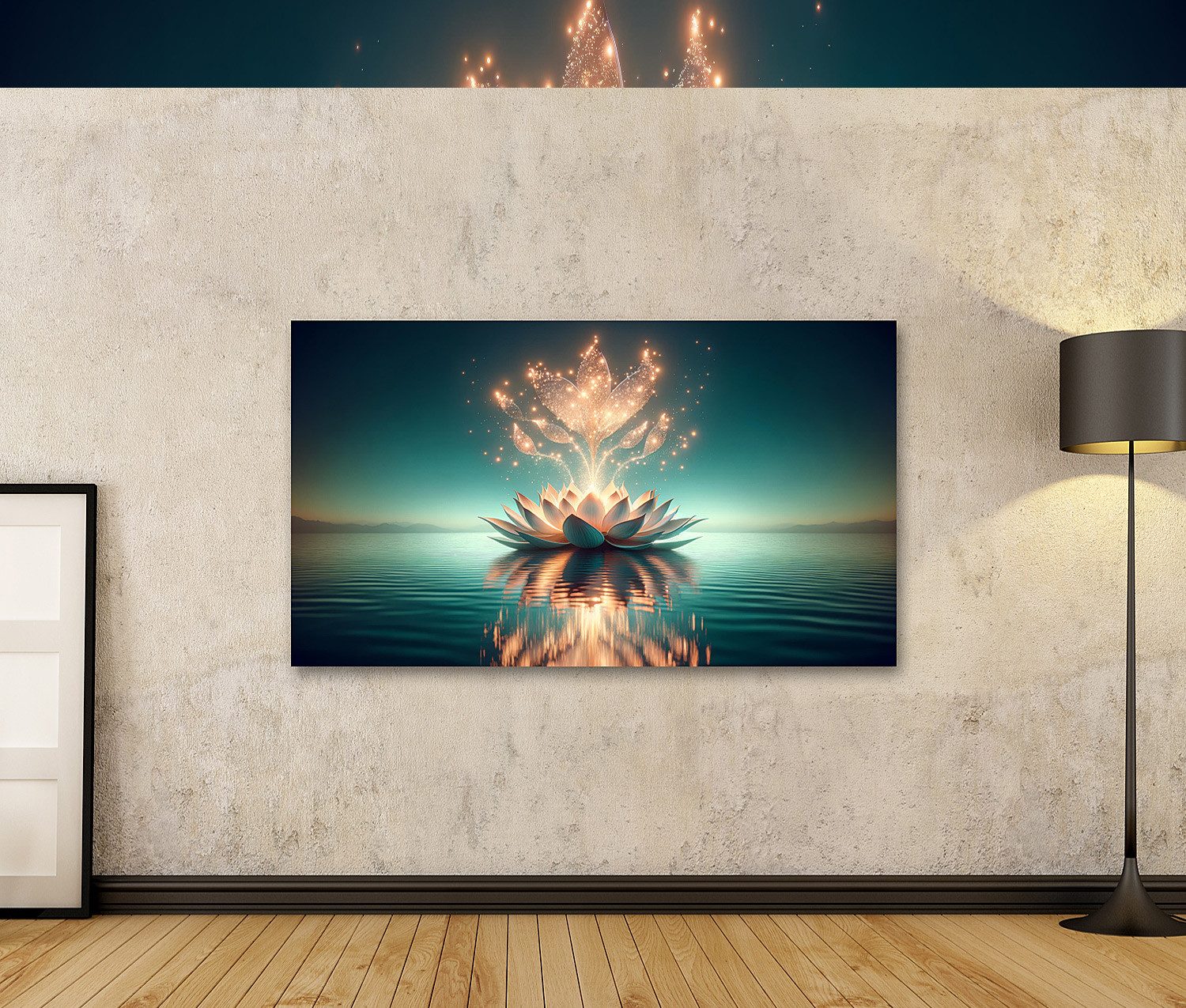 islandburner Leinwandbild Leuchtende Lotusblüte auf ruhigem Wasser Funkelnder Sternenb Bilder