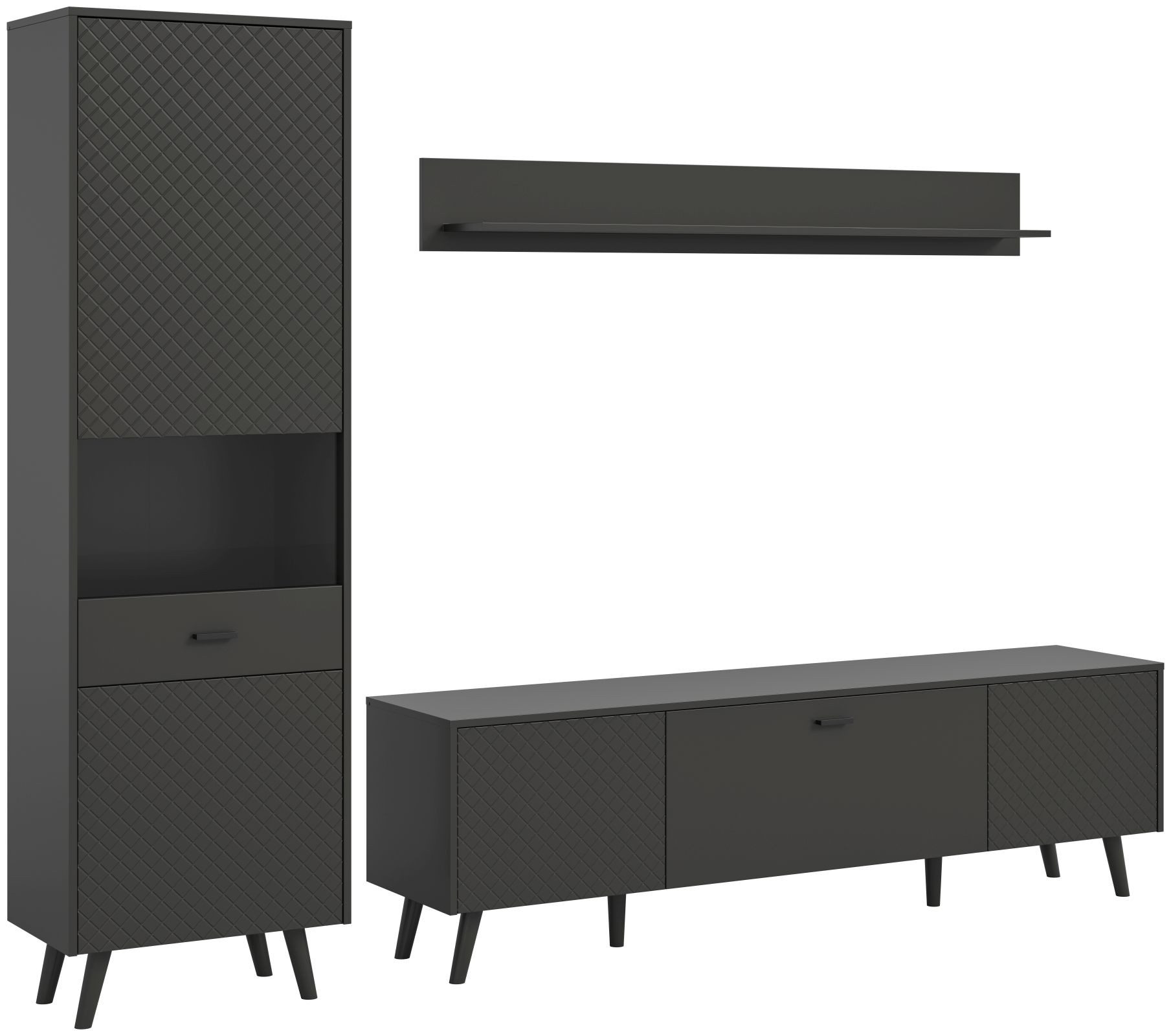 xonox.home Wohnwand Wohnkombination Linea, (3tlg. Set bestehend aus Vitrine, Lowboard, Wandboard), Grau Matt Push To Open Melamin Modern 258x195x40 cm