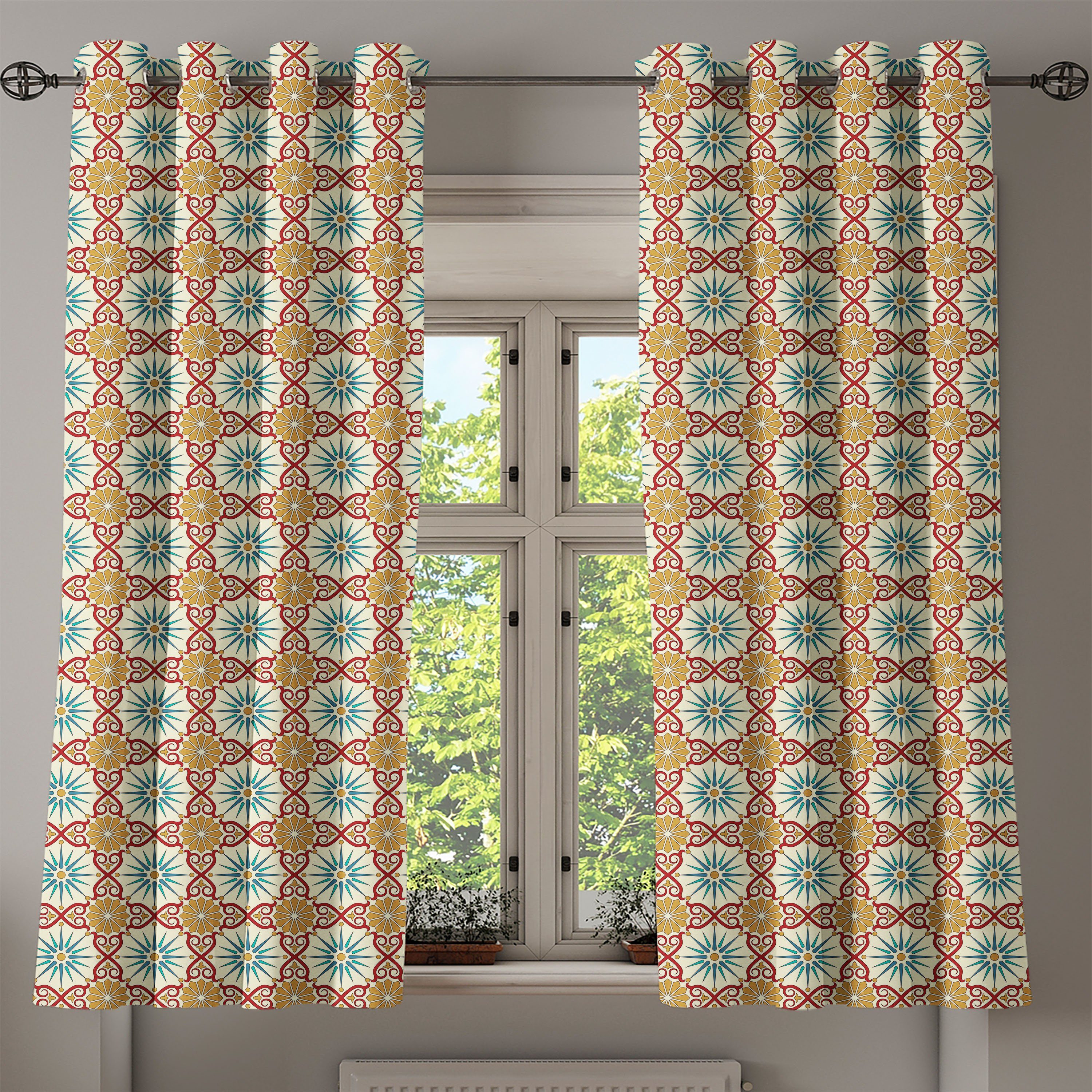Gardine Klassisch für Wohnzimmer, Formen geometrische Dekorative Abakuhaus, 2-Panel-Fenstervorhänge Schlafzimmer