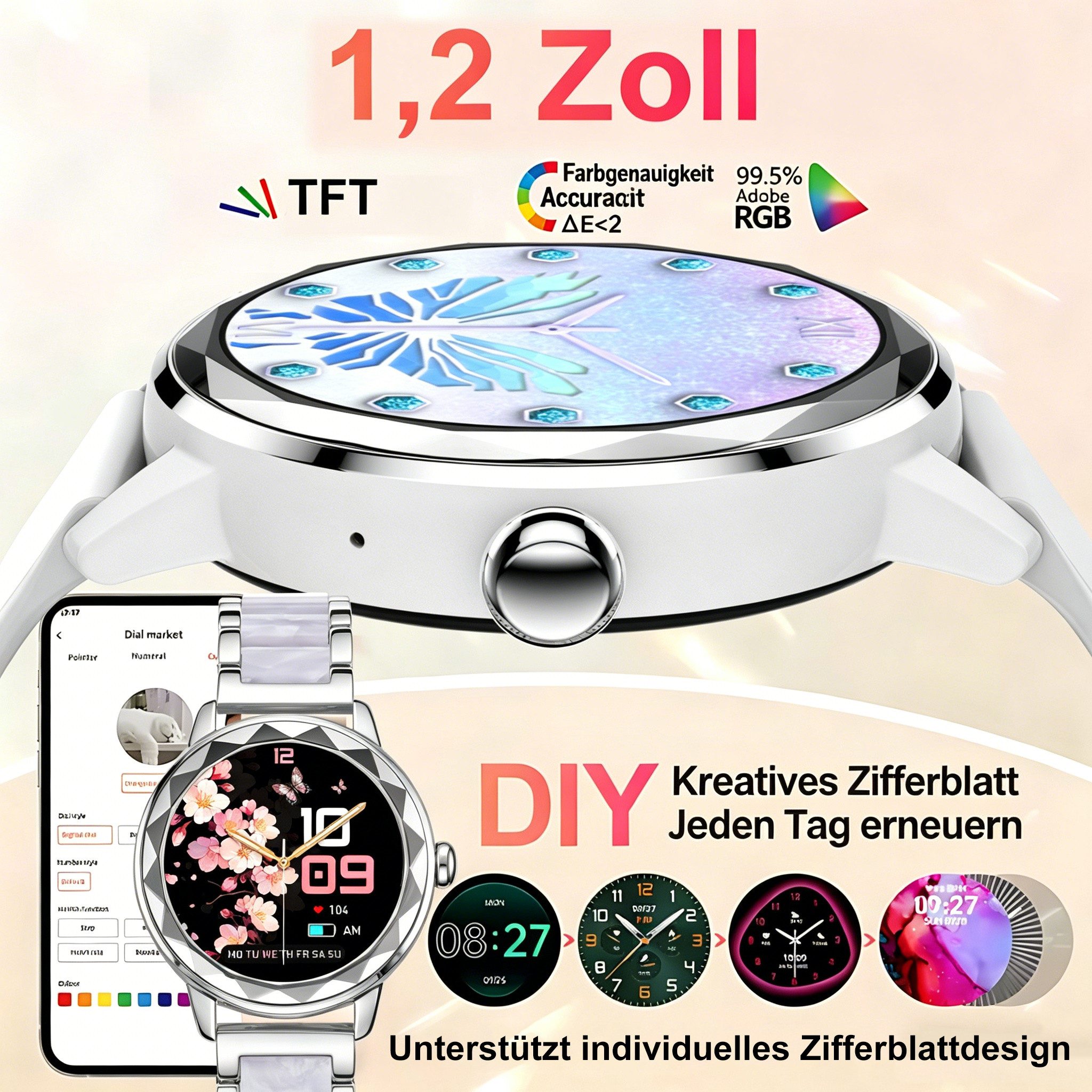 Vornix 2026 Neues Smartwatch Damen, Fitness Uhr mit Anruffunktion Smartwatch Smartwatch (Fitnessuhr mit Telefonfunktion/WhatsApp Notiz,Smartwatch Fitness Tracker Uhr IP68 Wasserdicht,1.2" HD Voll Touchscreen Fitnessuhr Tracker mit Blutsauerstoff/Pulsmesser/Sportuhr/Schrittzähler/Schlafmonitor Aktivitätstracker usw für iOS/Android Uhren Watch cm)