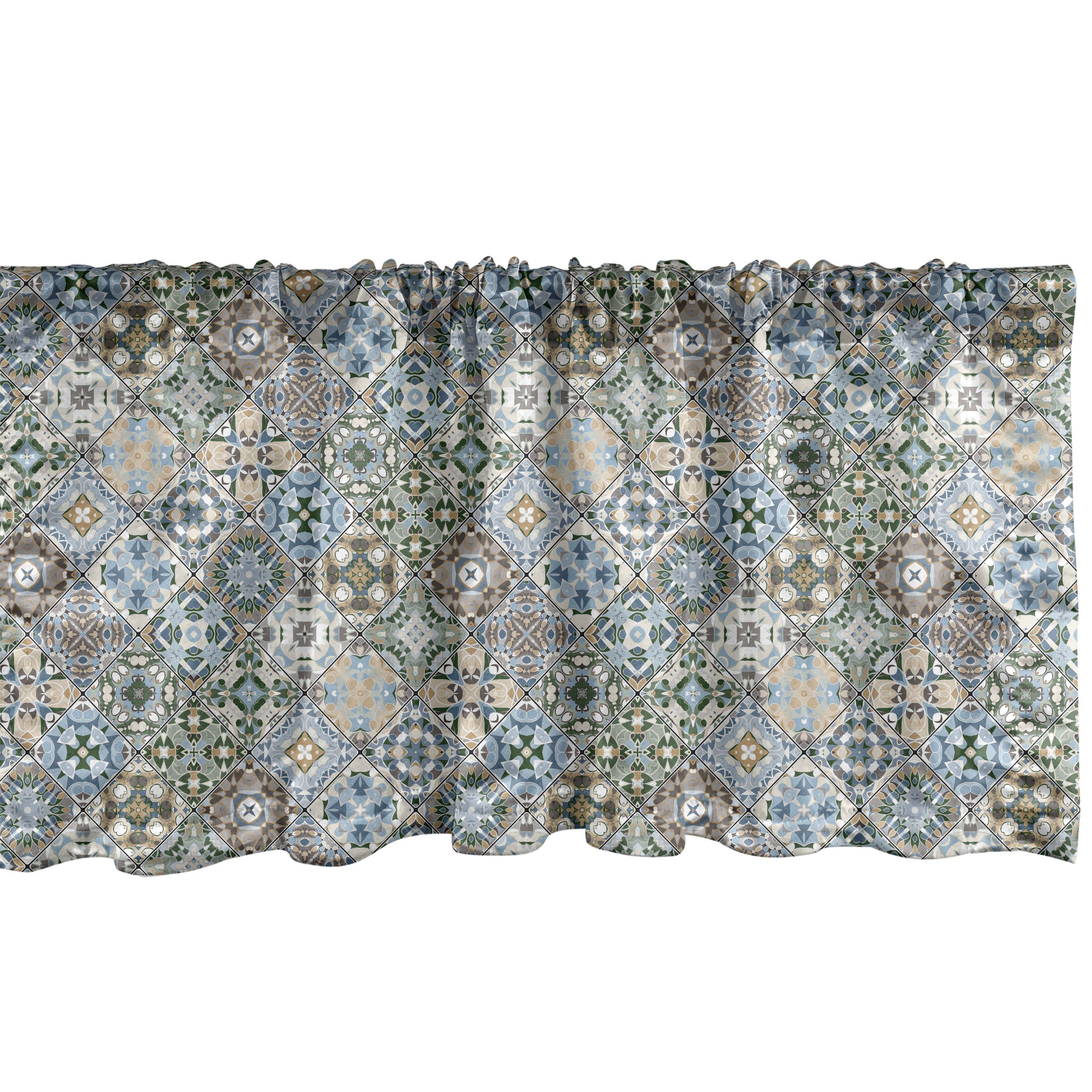 Scheibengardine Vorhang Volant für Küche Schlafzimmer Dekor mit Stangentasche, Abakuhaus, Microfaser, Azulejo Rhythmische Mosaiken Fliesen Kunst