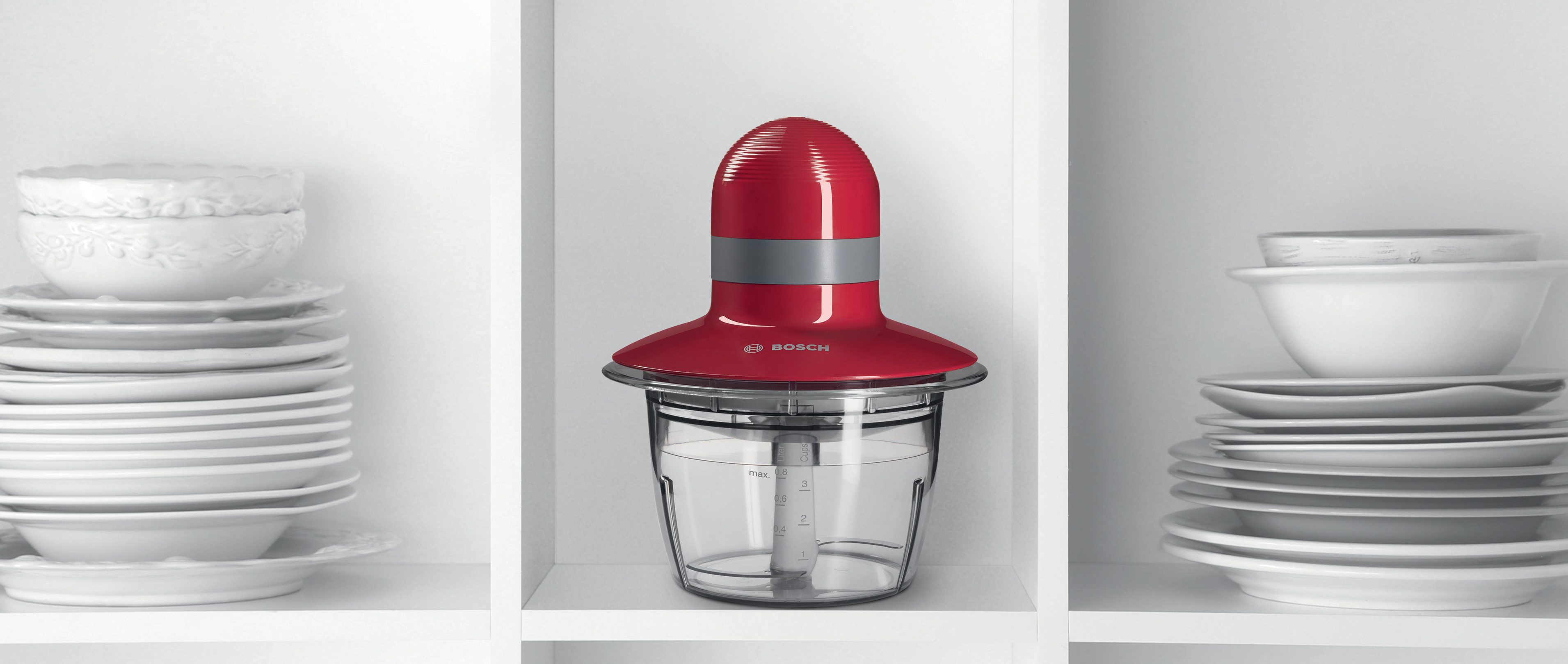 BOSCH Zerkleinerer MMR08R2, 800ml Behälter, Schlagscheibe, Edelstahl-Messer, rot, 400 W, Behälter mikrowellengeeignet, Einhand-Bedienung