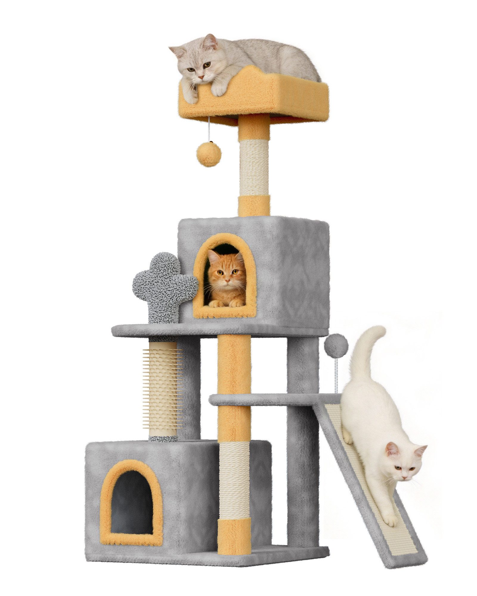 Dogat Kratzbaum Katzenkratzbaum 131 cm, Stabiler mit Höhle, Sisalstämmen und Spielball, 48x48x131 cm, für Wohnungskatzen & Mehrkatzenhaushalte