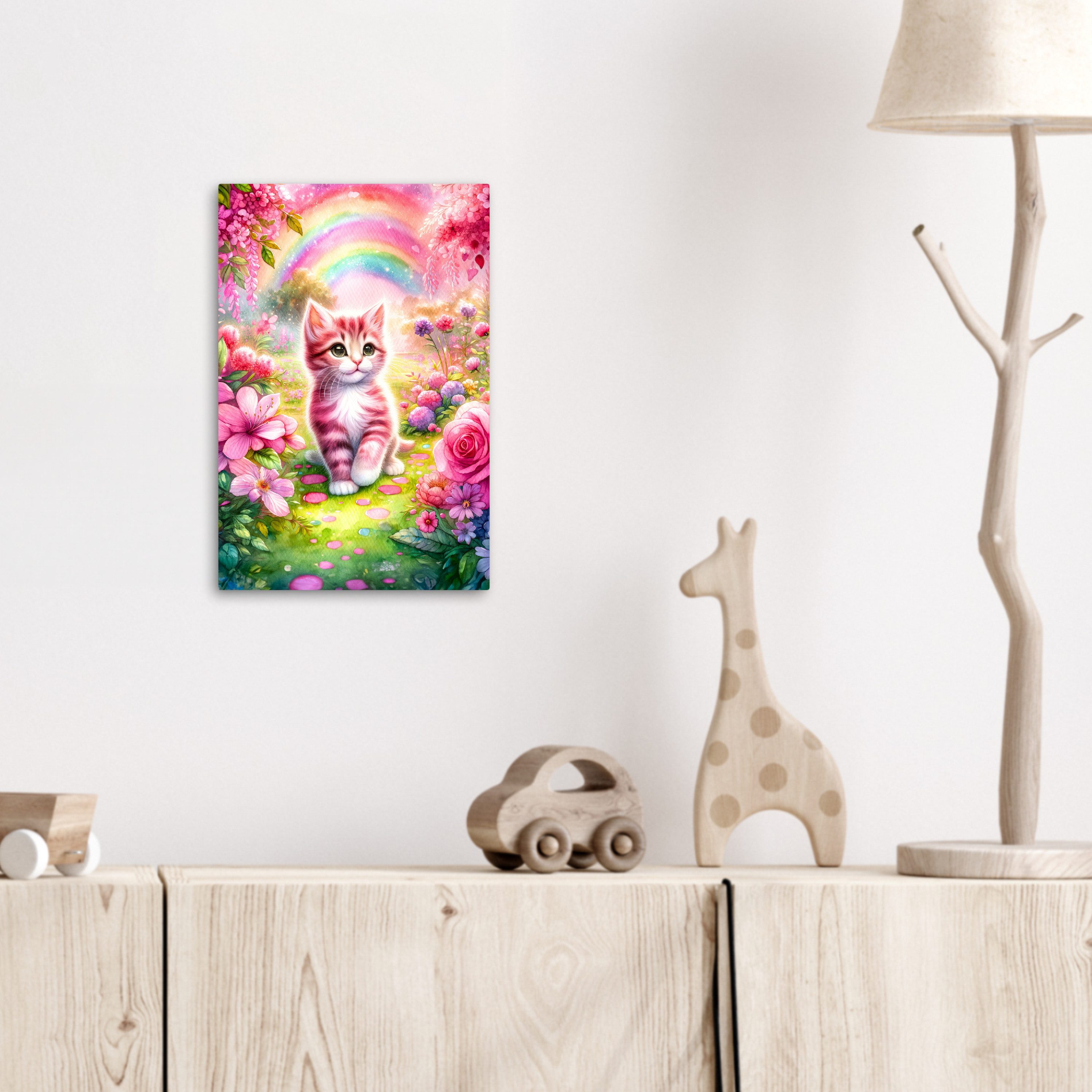 OneMillionCanvasses® Leinwandbild Kätzchen - Rosa - Katze - Regenbogen - Blumen, Fotodruck (1 St), Kinderzimmer Deko, Mädchen und Jungen Bilder 20x30 cm