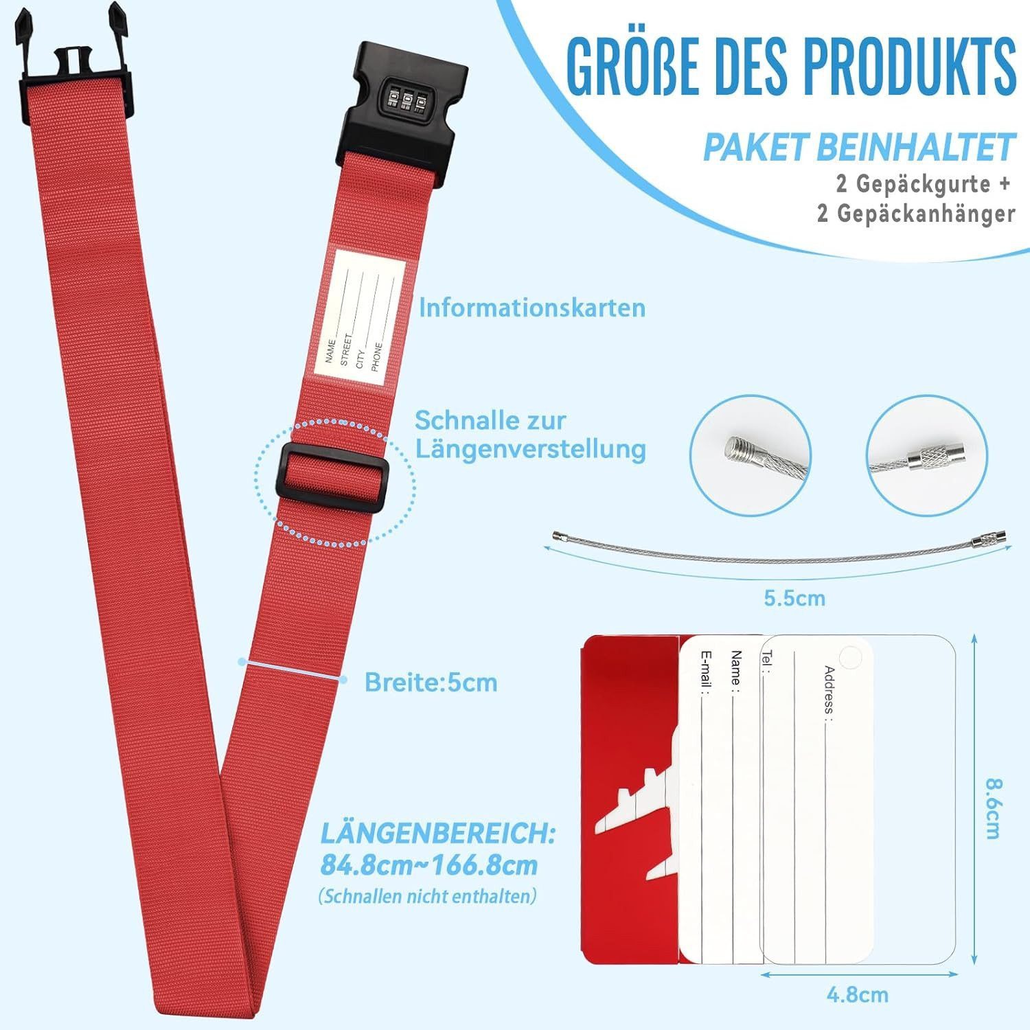 FELIXLEO Klettergurt Passwort Koffergurt Schloss + Gepäckanhänger Schwarz, (24-tlg)