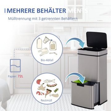 HOMCOM Mülleimer, Abfalleimer mit Sensor 72 l Mülltrennsystem Edelstahl Silbe