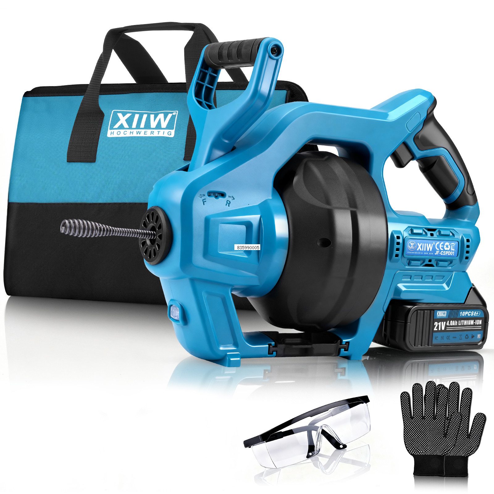 XERSEK Akku-Rohrreiniger Rohrreinigungsmaschine Abflussspirale Stufenlose Drehzahl & Rücklauf, 650 U/min, 7,6 m (Kompatibel mit Makita 18V, Spirallänge Ø 7 mm für Rohre 19-85mm), Abflussreiniger Ideal für Verstopfungen in WC, Dusche, Küche, Abfluss