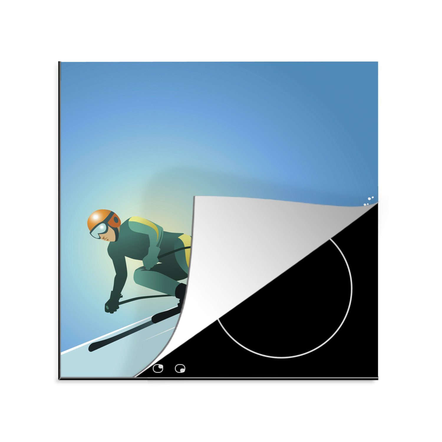 MuchoWow Herdblende-/Abdeckplatte Illustration eines Skifahrers auf einer steilen Piste, Vinyl, (1 tlg), 78x78 cm, Ceranfeldabdeckung, Arbeitsplatte für küche