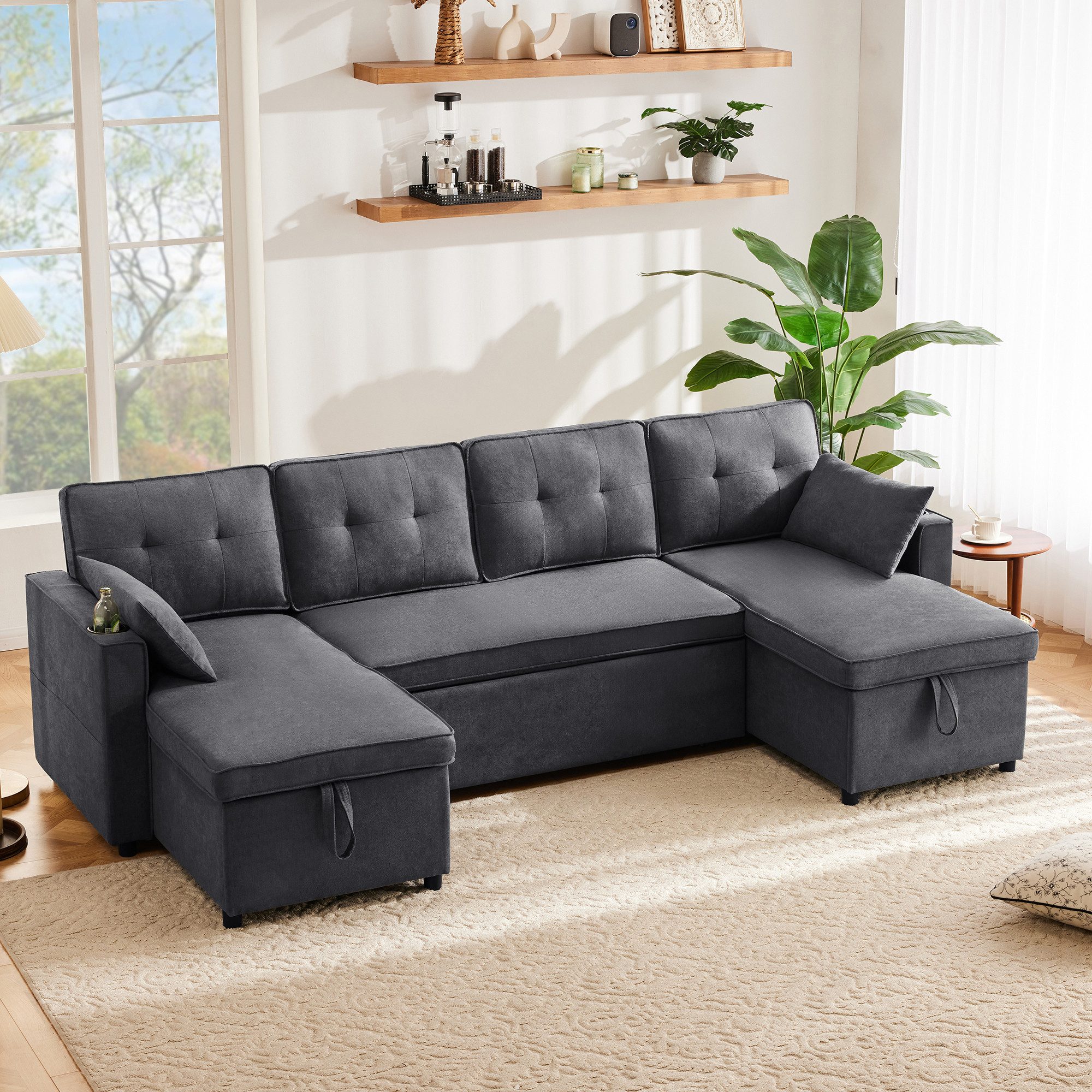 OKWISH Schlafsofa mit Schlaffunktion, Polstersofa, Wohnzimmersofa, U-förmiges Sofa mit Getränkehalter, zwei Stauräume