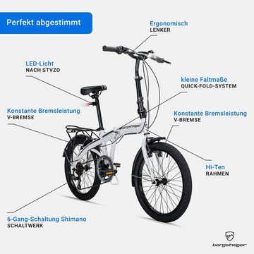 bergsteiger Faltrad Windsor 20 Zoll Faltrad, Klapprad, Shimano 6 Gang-Schaltung, 6 Gang Shimano Tourney RD-TY21 Schaltwerk, Kettenschaltung