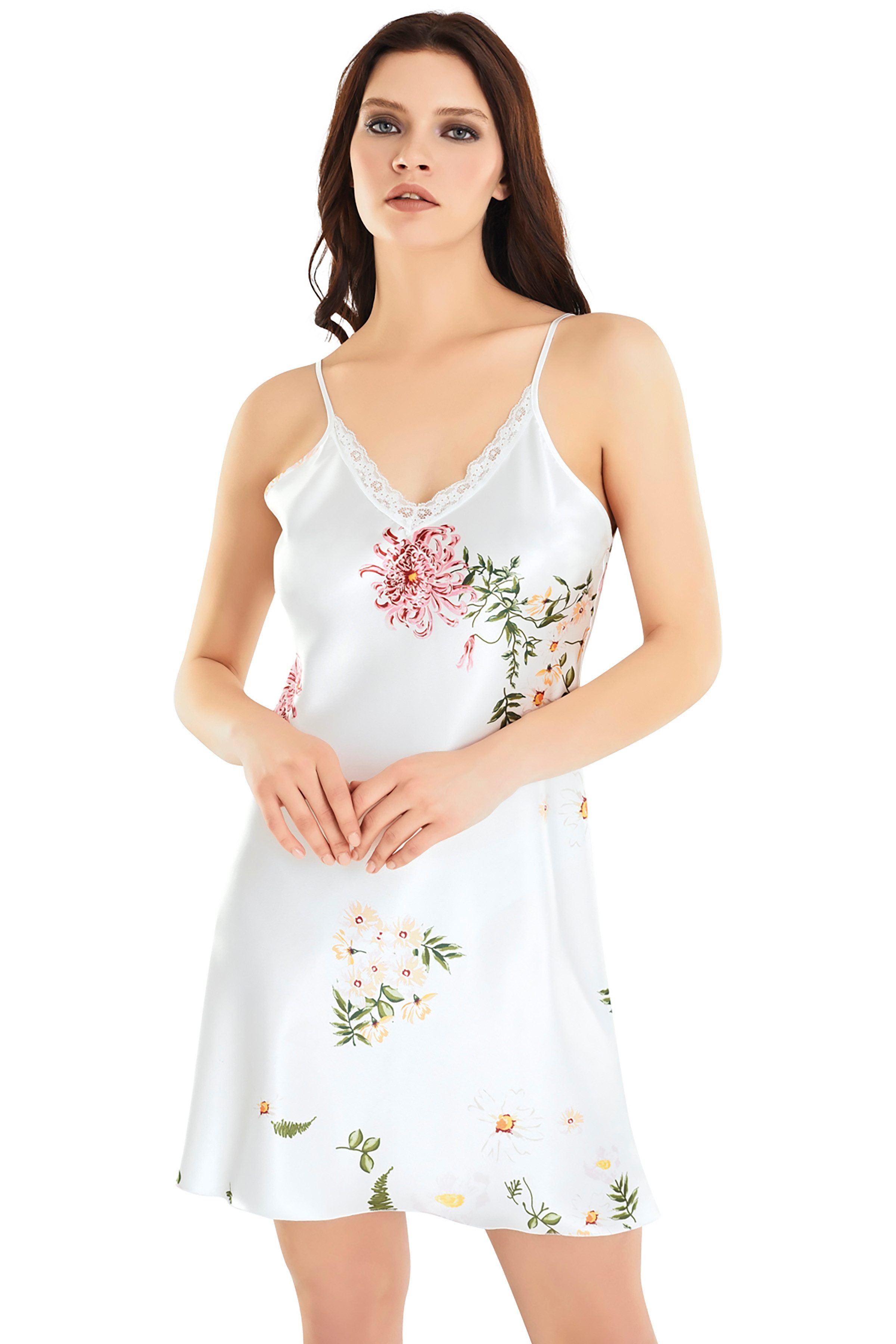 Nachthemd Elegantes weißes Satin-Nachthemd mit zartem Blumenmuster Edles, glänzendes Satinmaterial