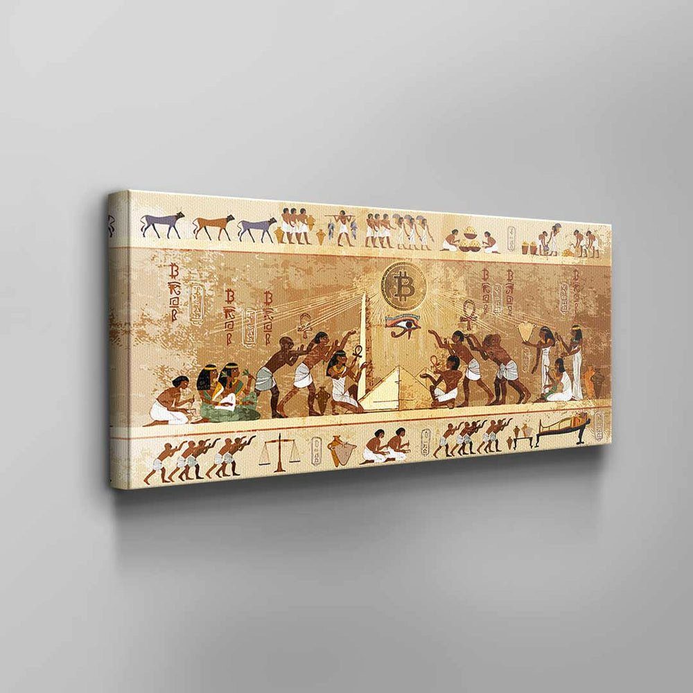 Bitcoin Bitcoin, Gold DOTCOMCANVAS® Antike Zeichen Ins Leinwandbild schwarzer Leinwand Rahmen altägyptische Brown Beige Wandbild
