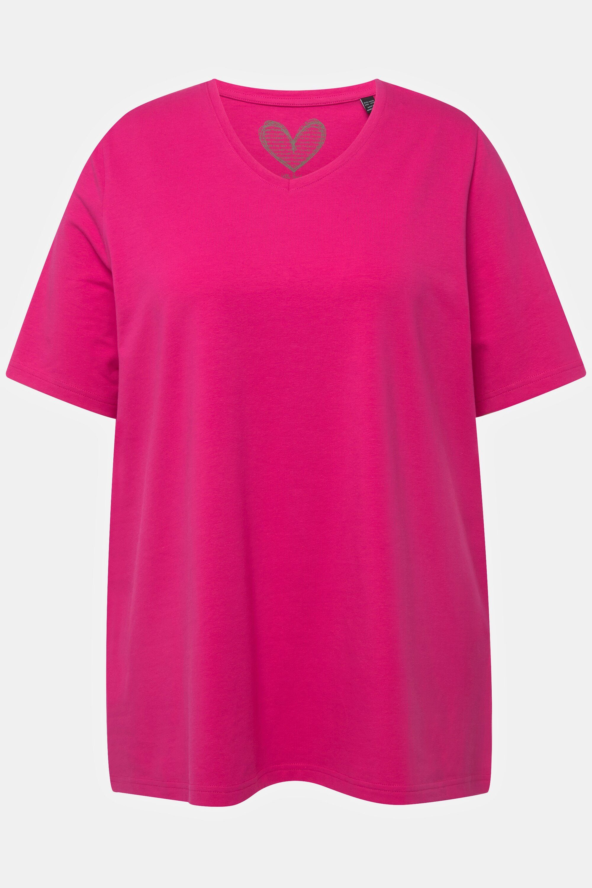 Ulla Popken Rundhalsshirt T-Shirt Halbarm A-Linie V-Ausschnitt fuchsia pink