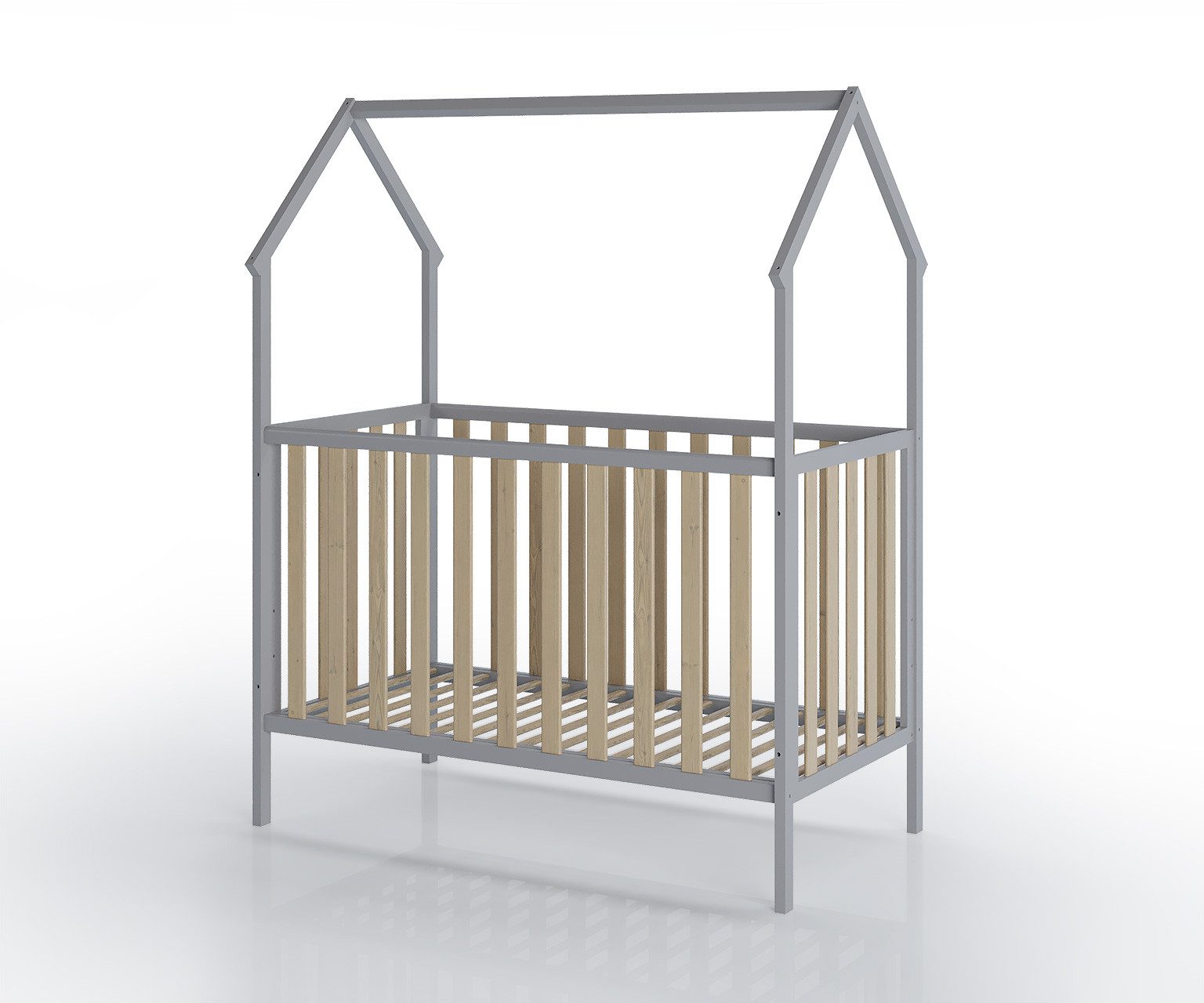 FabiMax Kinderbett Hausbett Schlafmütze 120x60, grau lackiert / natur, Kiefernholz massiv, Gitterbett, Umbaubar zum Juniorbett