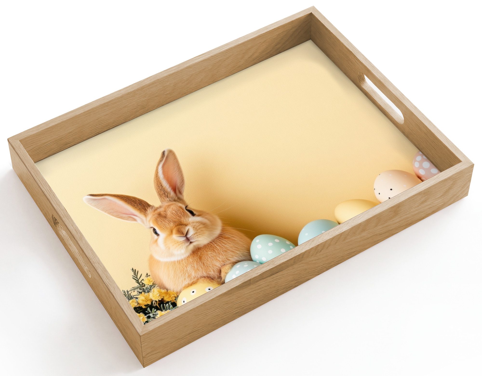 OnlyWow Tablett Rechteckig mit Henkel Eier - Kaninchen - Pastellfarbtöne, Eichenholz, (1-tlg), Siervierplatte, Tray, Frühstücksbrett