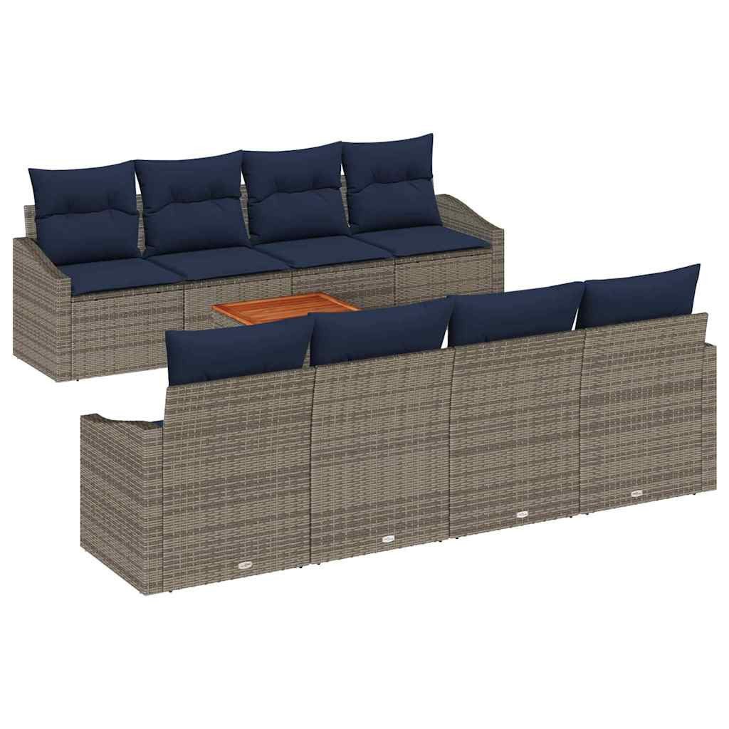 vidaXL Gartenlounge-Set Gartensofa-set 9 pcs Grau und Marineblau Poly-Rattan, (9-tlg)