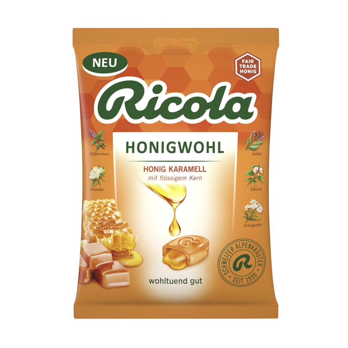 RICOLA Süßigkeit, Ricola Honigwohl Karamell mit Zucker wohltuend mild Packung 68g