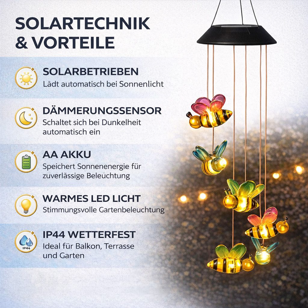 formano Gartenfigur Solar Mobile Bienen Solar Hängelampe Garten Balkon mit warmweißem LED